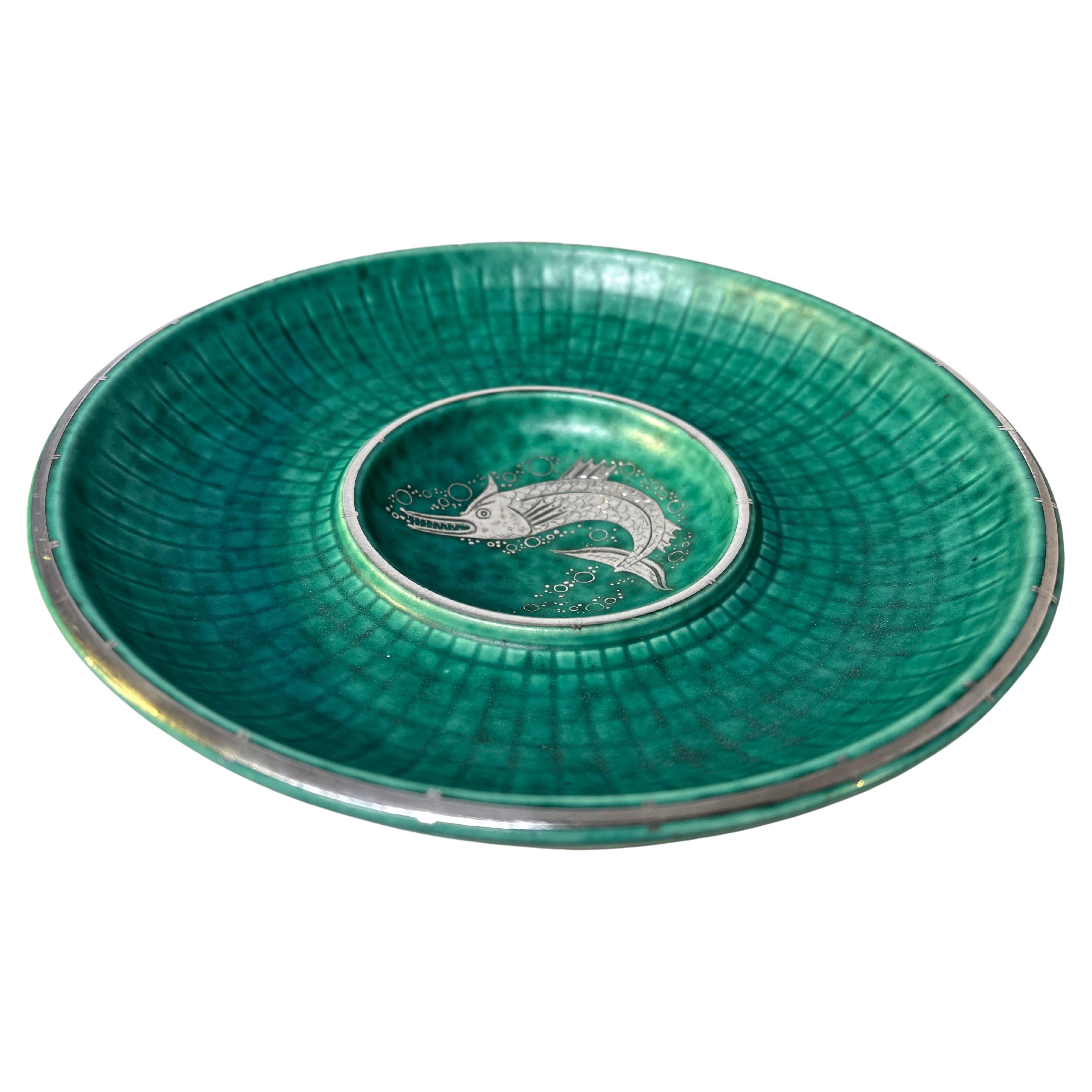 Wilhelm Kage, Argenta Gustavsberg, Incised Stoneware Silver Piscine Dish C1940
