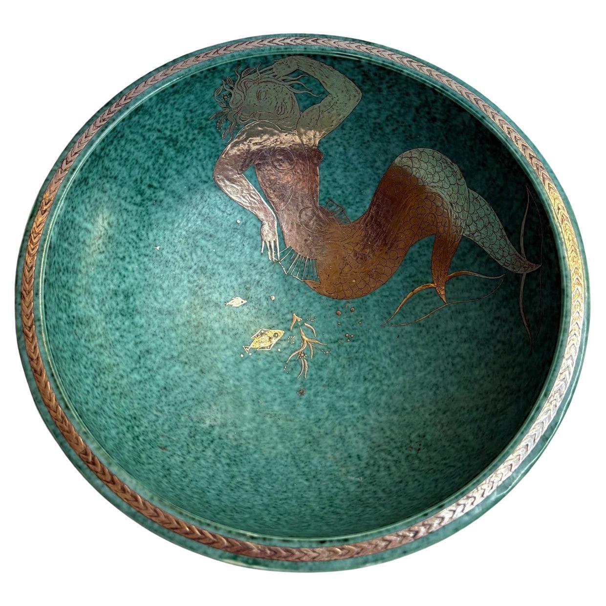 Wilhelm Kåge Argenta Art Deco Bowl with Silver Inlay, Gustavsberg, Sweden, 1935 For Sale