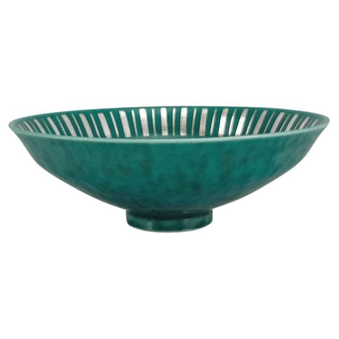 Wilhelm Kåge Argenta Stoneware Bowl with Silver Inlay, Gustavsberg, Sweden 1940s For Sale