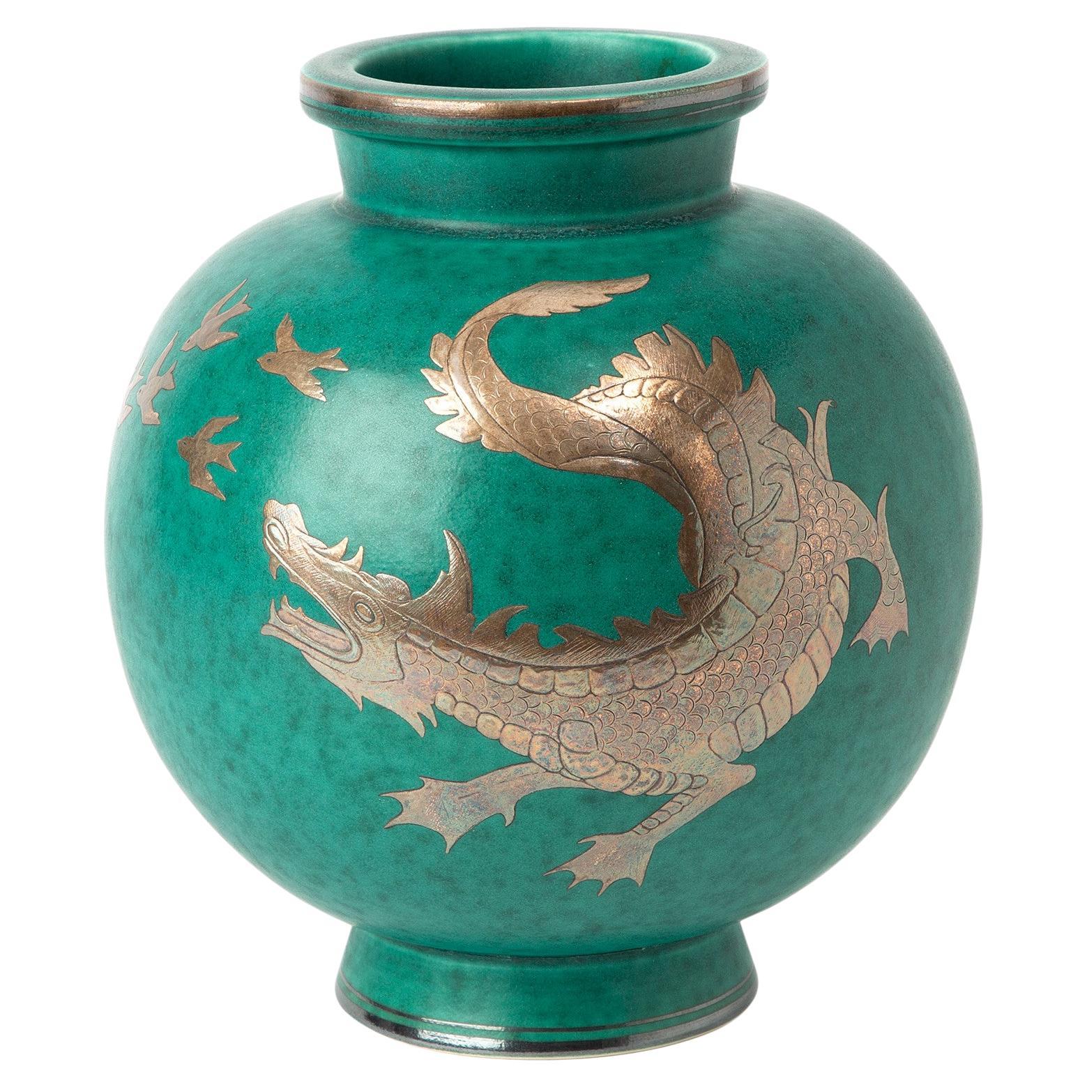 Wilhelm Kage “Argenta” vase 1045 glazed stoneware silver Gustavsberg Sweden 1950 im Angebot