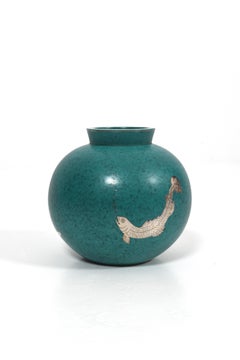 Wilhelm Kåge 'Argenta' Vase for Gustavsberg, 1940s – Silver Inlaid Fish Design