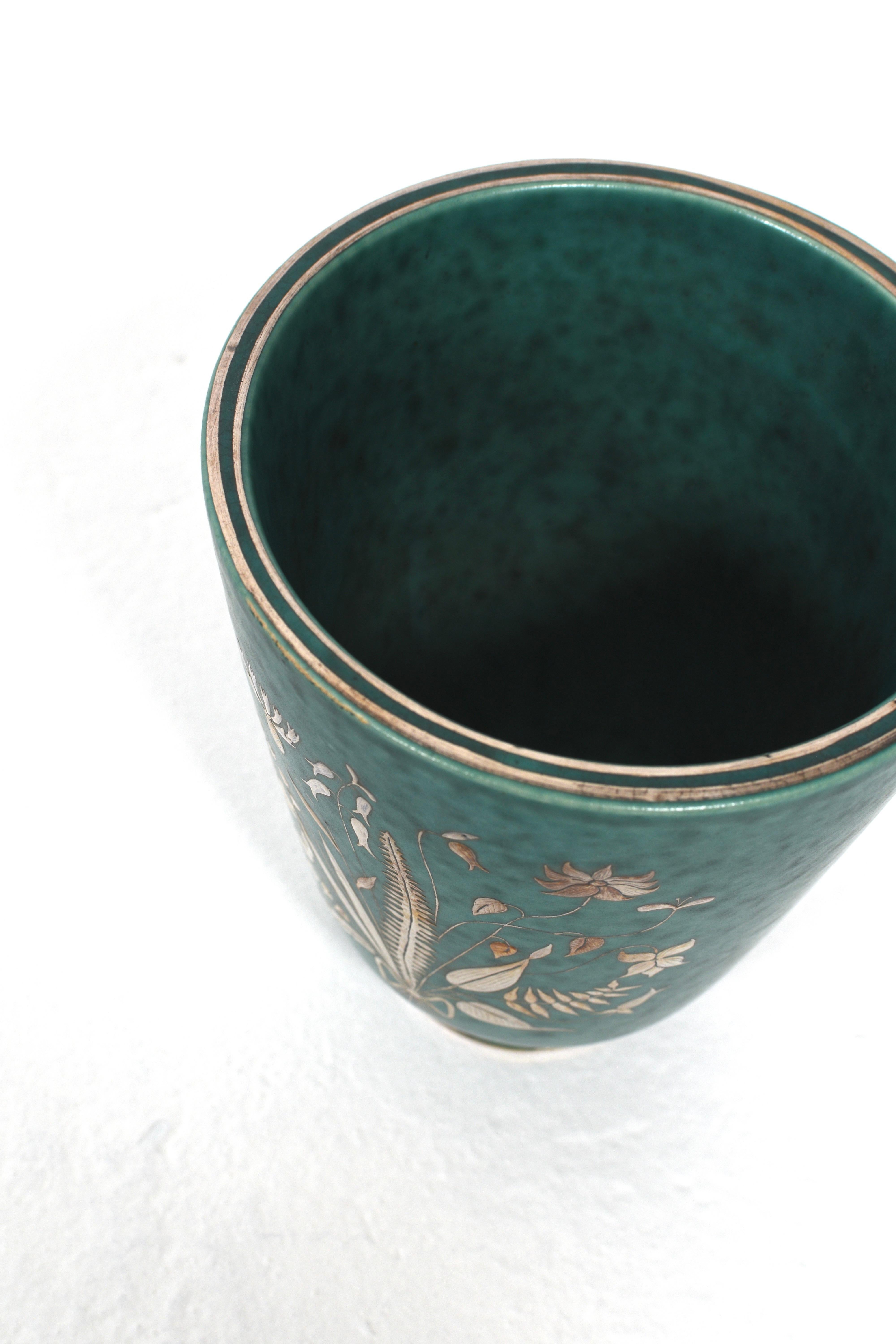 Argento Vaso 'ARGENTA' di Wilhelm Kåge per Gustavsberg, anni '40 - Design floreale intarsiato in argento in vendita