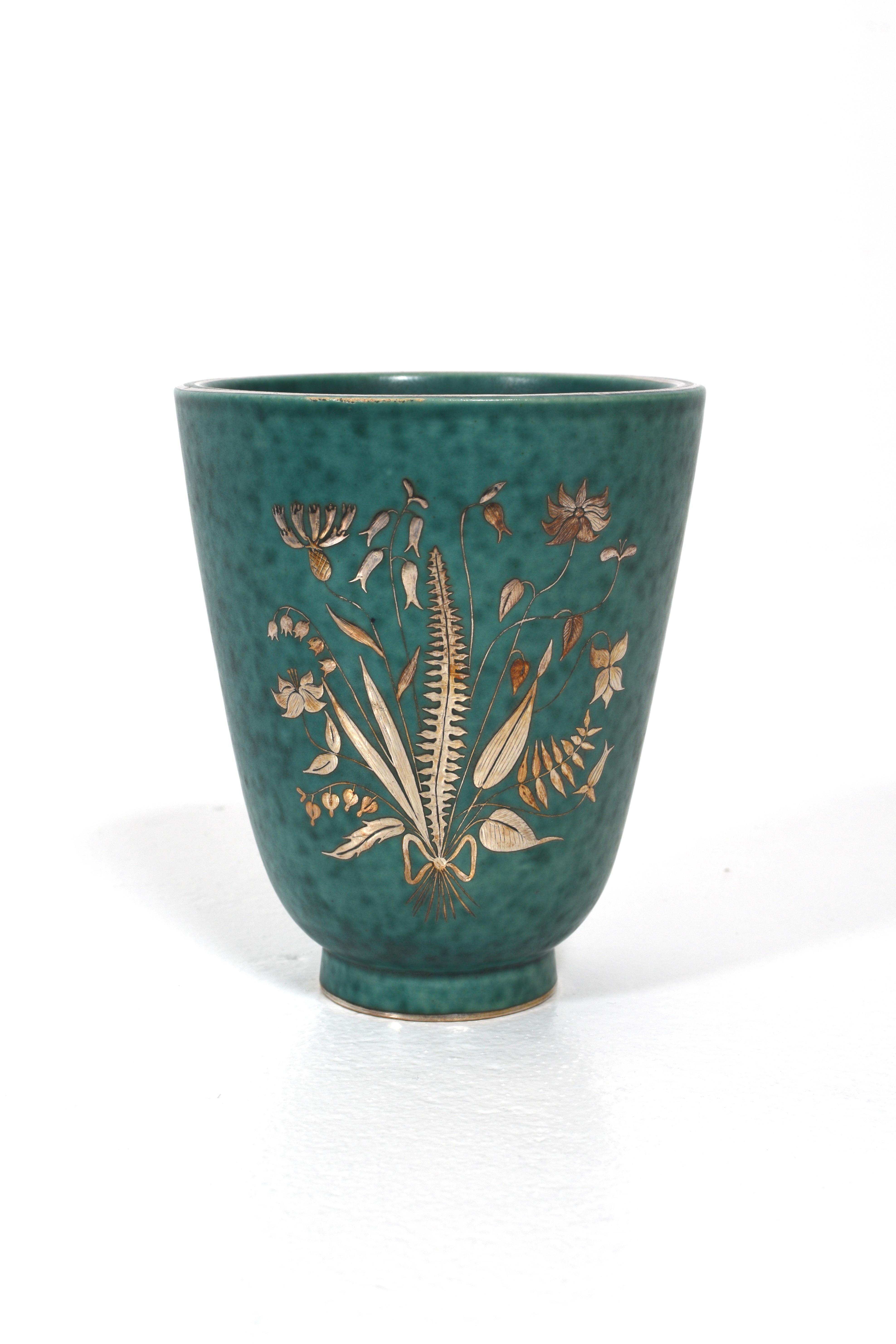 Vaso 'ARGENTA' di Wilhelm Kåge per Gustavsberg, anni '40 - Design floreale intarsiato in argento in vendita 2