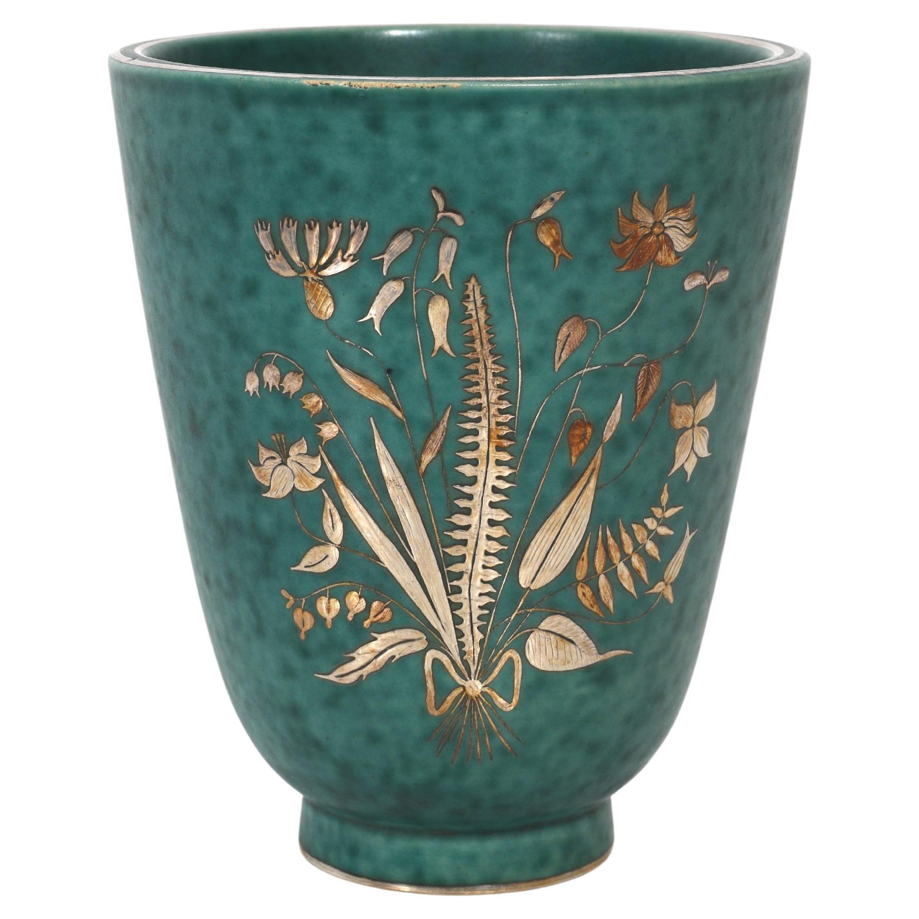 Vaso 'ARGENTA' di Wilhelm Kåge per Gustavsberg, anni '40 - Design floreale intarsiato in argento