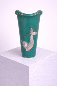 Wilhelm Kåge Argenta Vase with Silver Fish, Gustavsberg Sweden, 1940s