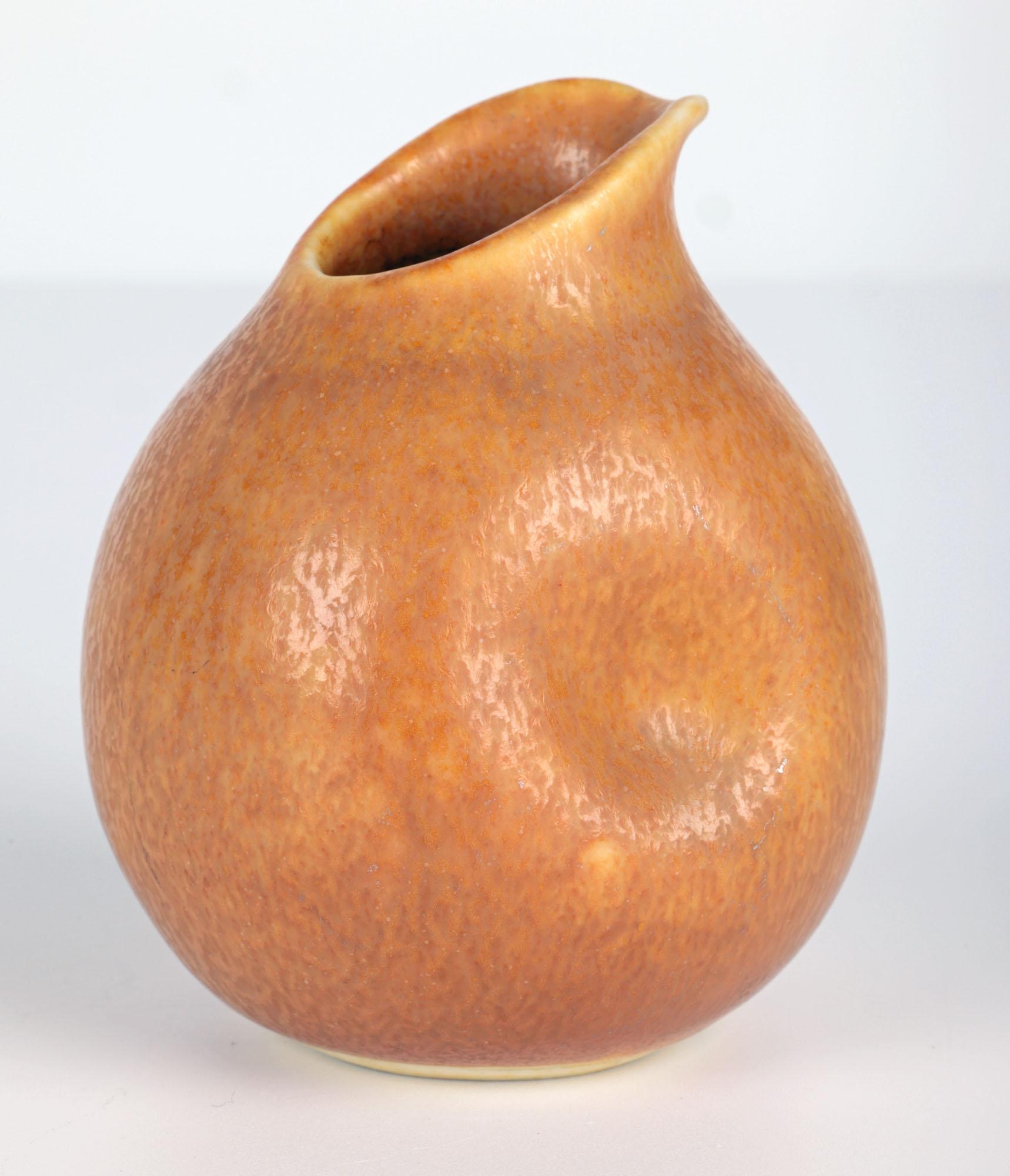 Wilhelm Kåge Art Deco Gustavsberg Orange Haresfur Studio Pottery Jug For Sale 6