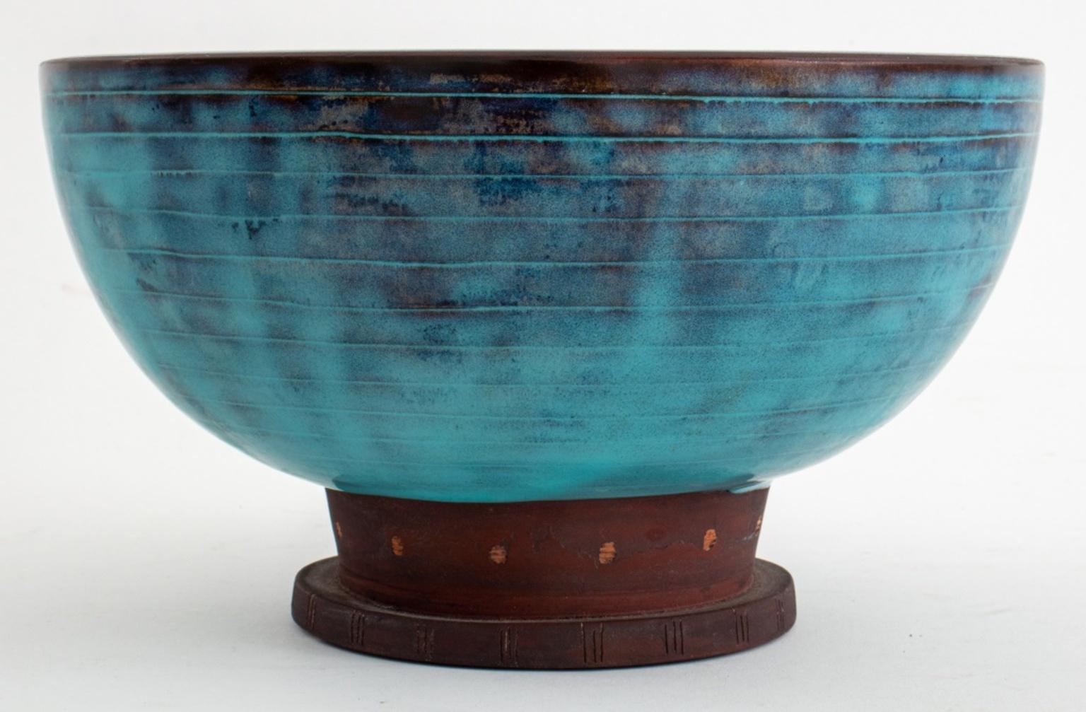 Attributed to Wilhelm Kage (Swedish, 1930–1960) Gustavsberg studio art pottery footed bowl glazed in robin's egg blue, spuriously etched 