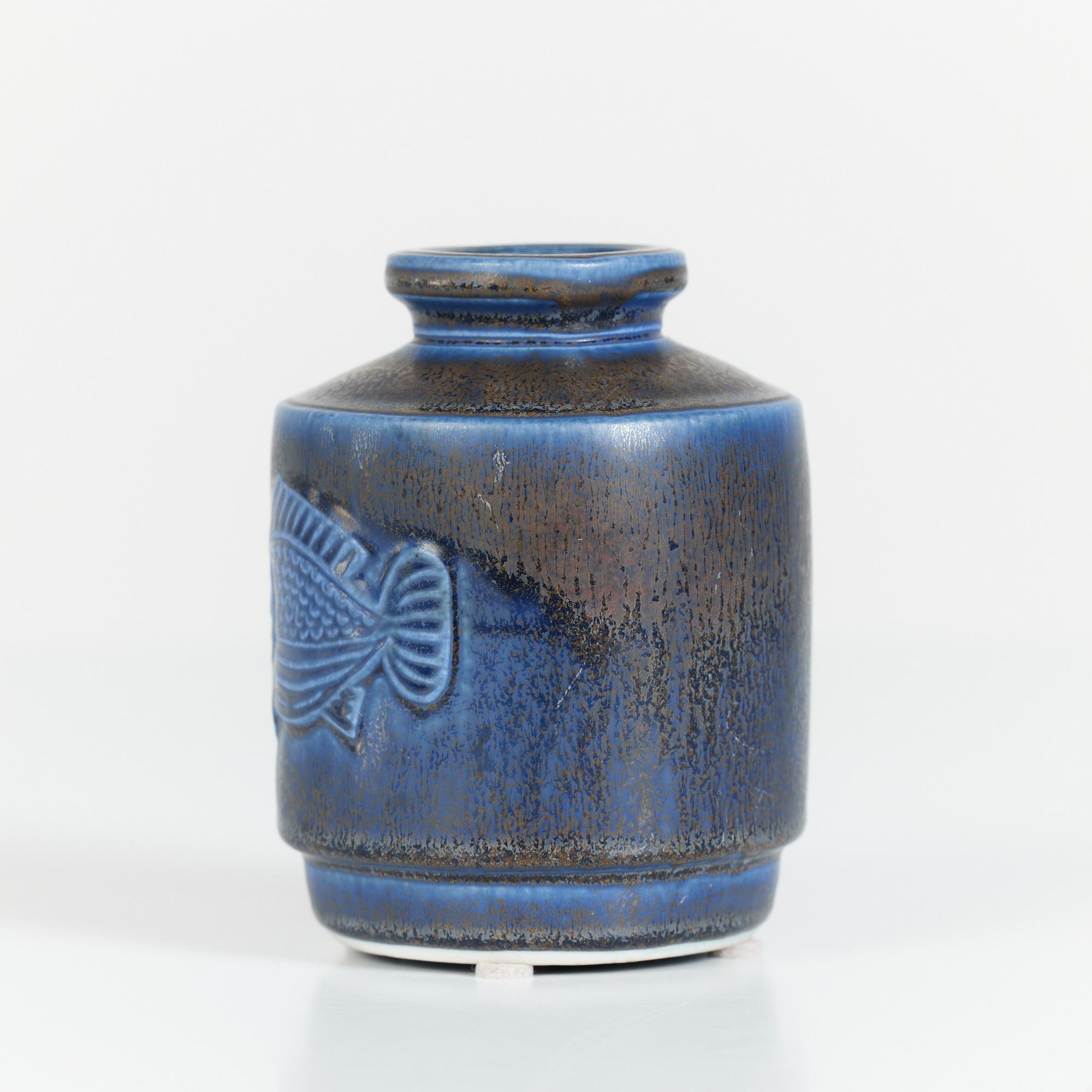 Mid-Century Modern Wilhelm Kåge Blue Glazed Fish Vase for Gustavsberg Studio For Sale