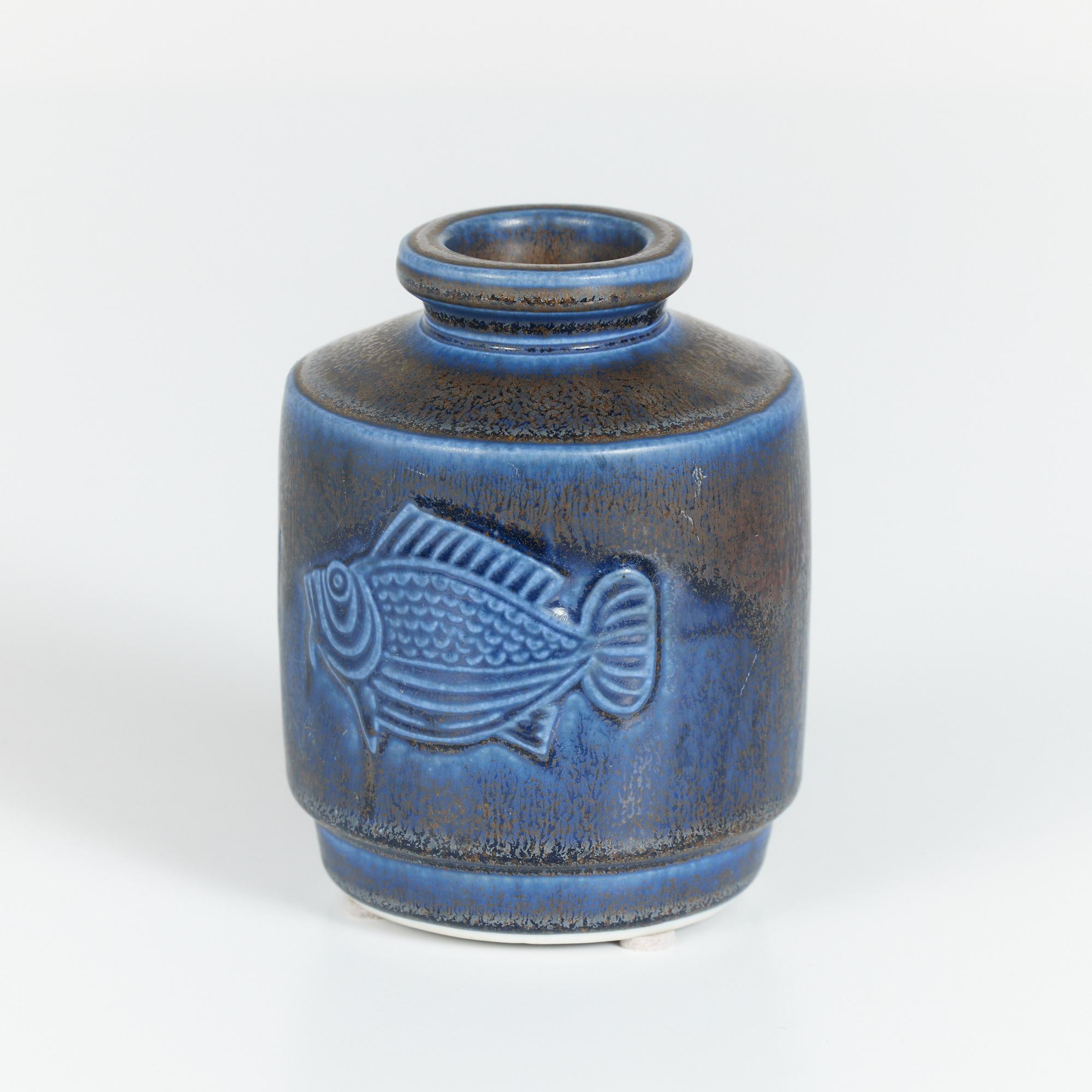 Swedish Wilhelm Kåge Blue Glazed Fish Vase for Gustavsberg Studio For Sale