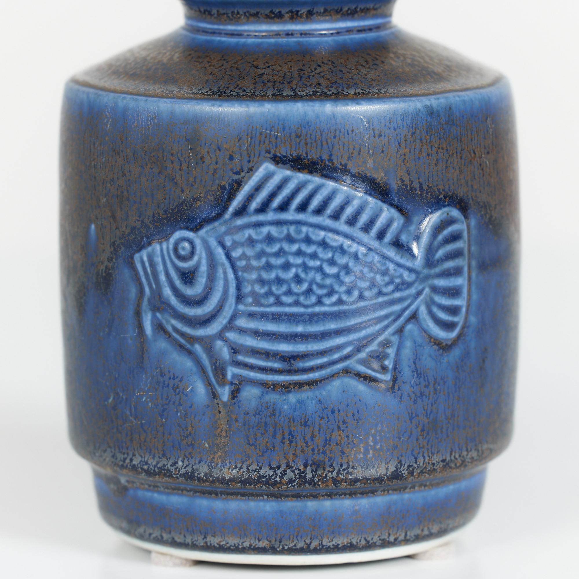 20th Century Wilhelm Kåge Blue Glazed Fish Vase for Gustavsberg Studio For Sale