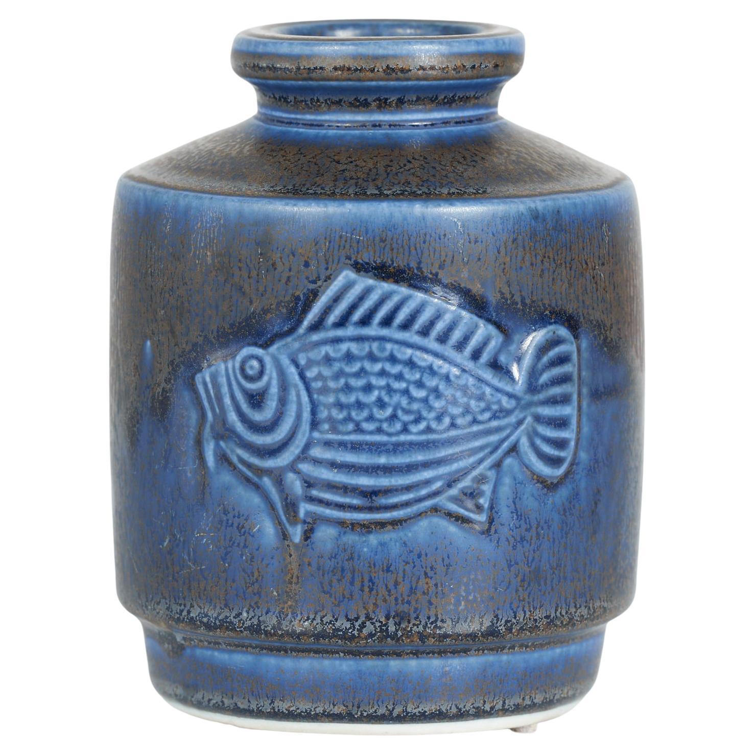 Wilhelm Kåge Blue Glazed Fish Vase for Gustavsberg Studio For Sale