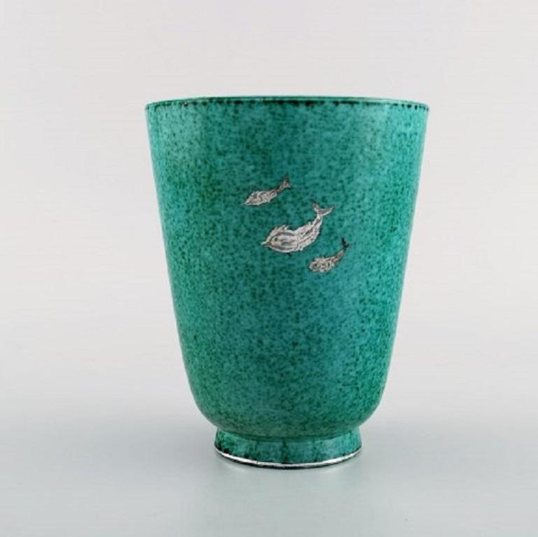 Silver Wilhelm Kåge for Gustavsberg, Argenta Art Deco Ceramic Vase with Mermaid