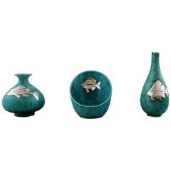 Wilhelm Kåge for Gustavsberg "Argenta", Three Small Vases Decorated with Fish