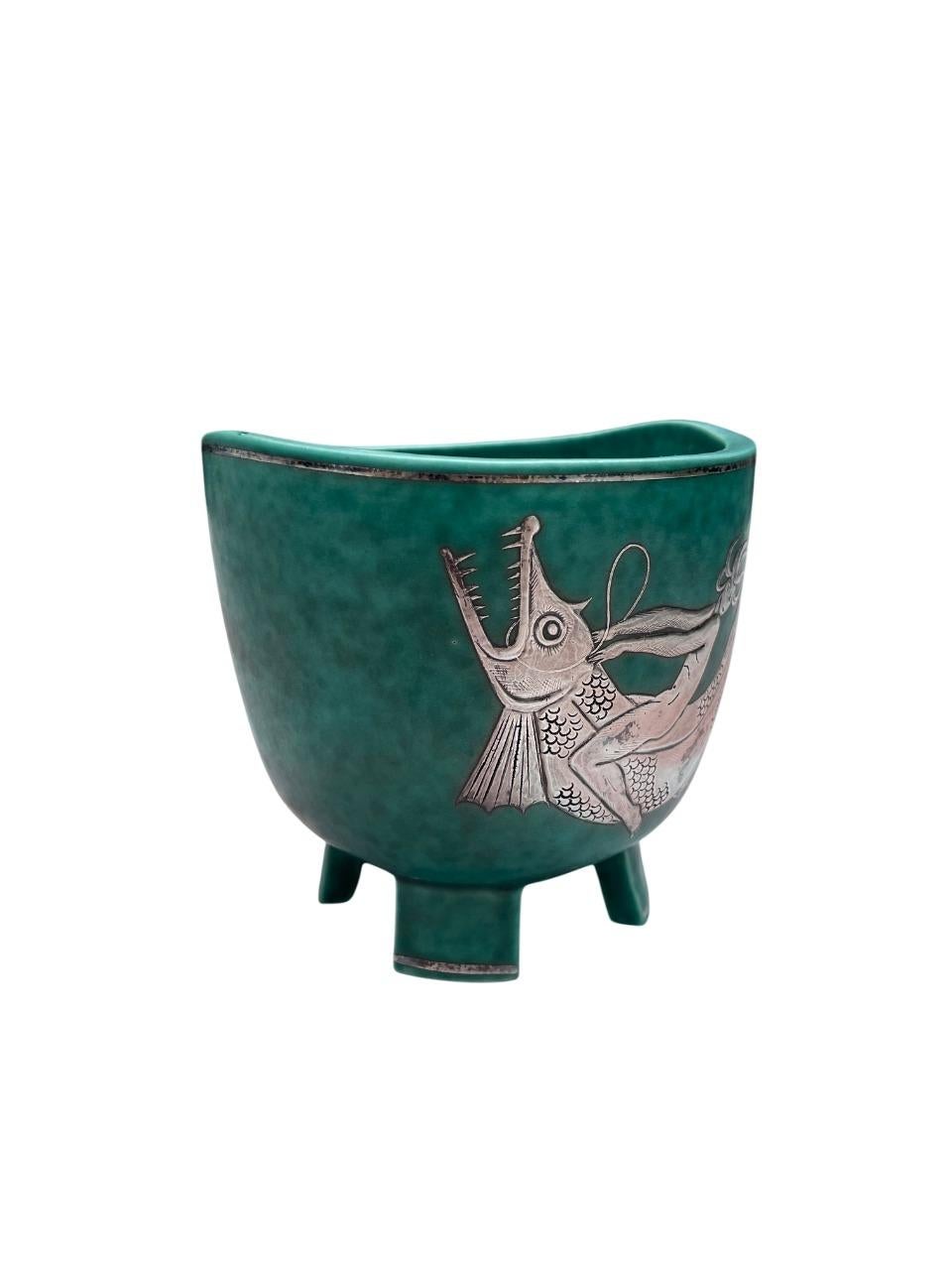 Wilhelm Kåge für Gustavsberg Argenta-Vase mit Meerjungfrau und Fisch, Schweden, 1930er Jahre (Art déco) im Angebot