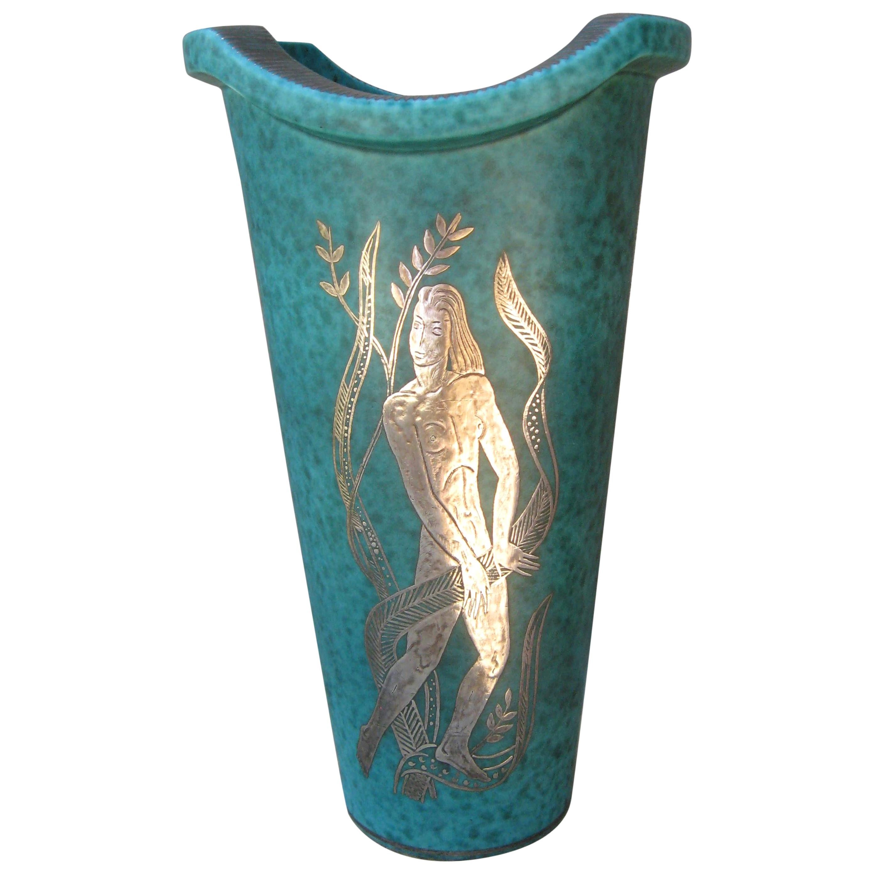 Wilhelm Kage for Gustavsberg, Argenta Vase with Silver Overlay, Nude Figure