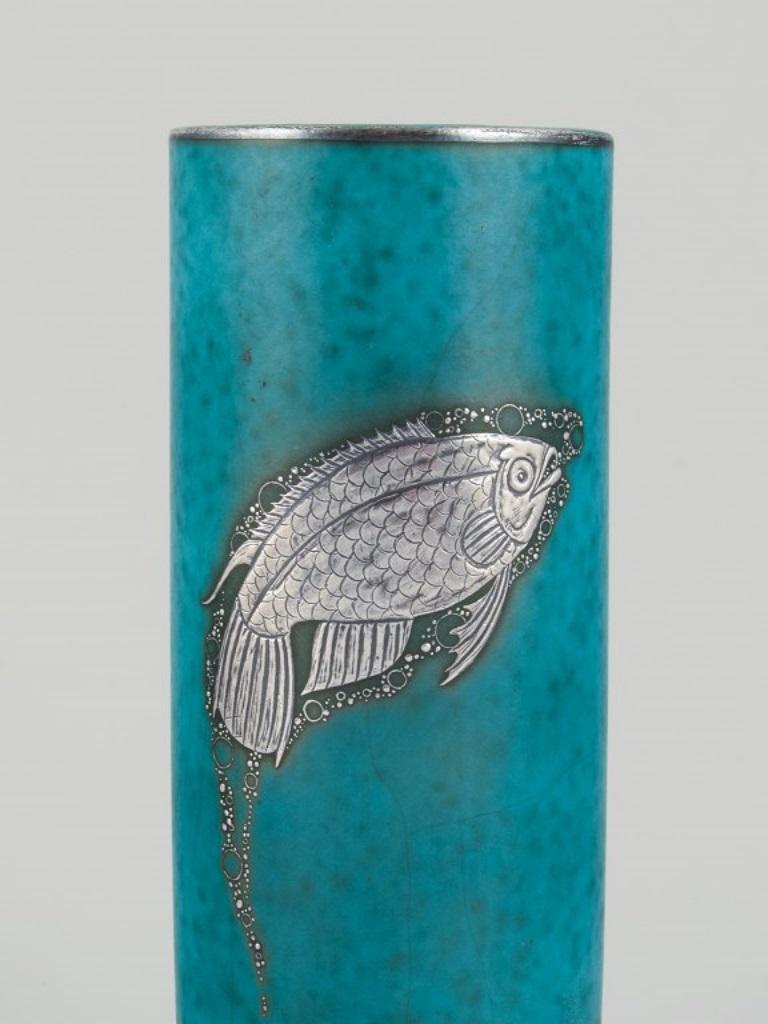 Swedish Wilhelm Kåge for Gustavsberg. Art Deco ceramic vase with silver decoration.