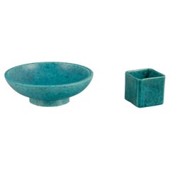 Wilhelm Kåge for Gustavsberg. Ceramic bowl and a small square ceramic vase.