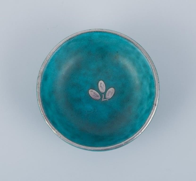 Glazed Wilhelm Kåge for Gustavsberg. Four small Argenta ceramic bowls with silver inlay For Sale