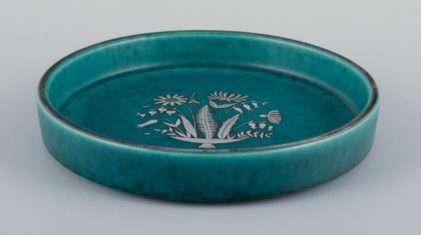 Glazed Wilhelm Kåge for Gustavsberg. Low Art Deco ceramic bowl with silver decoration For Sale