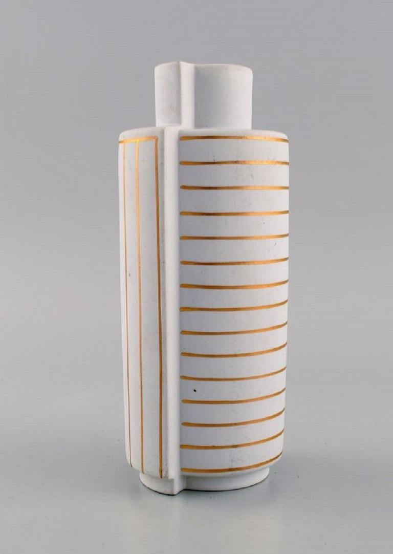Scandinavian Modern Wilhelm Kåge for Gustavsberg Studio Hand, Gold Surrea Ceramic Split Vase