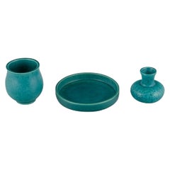 Wilhelm Kåge for Gustavsberg. Two Art Deco vases and a low bowl. Argent series