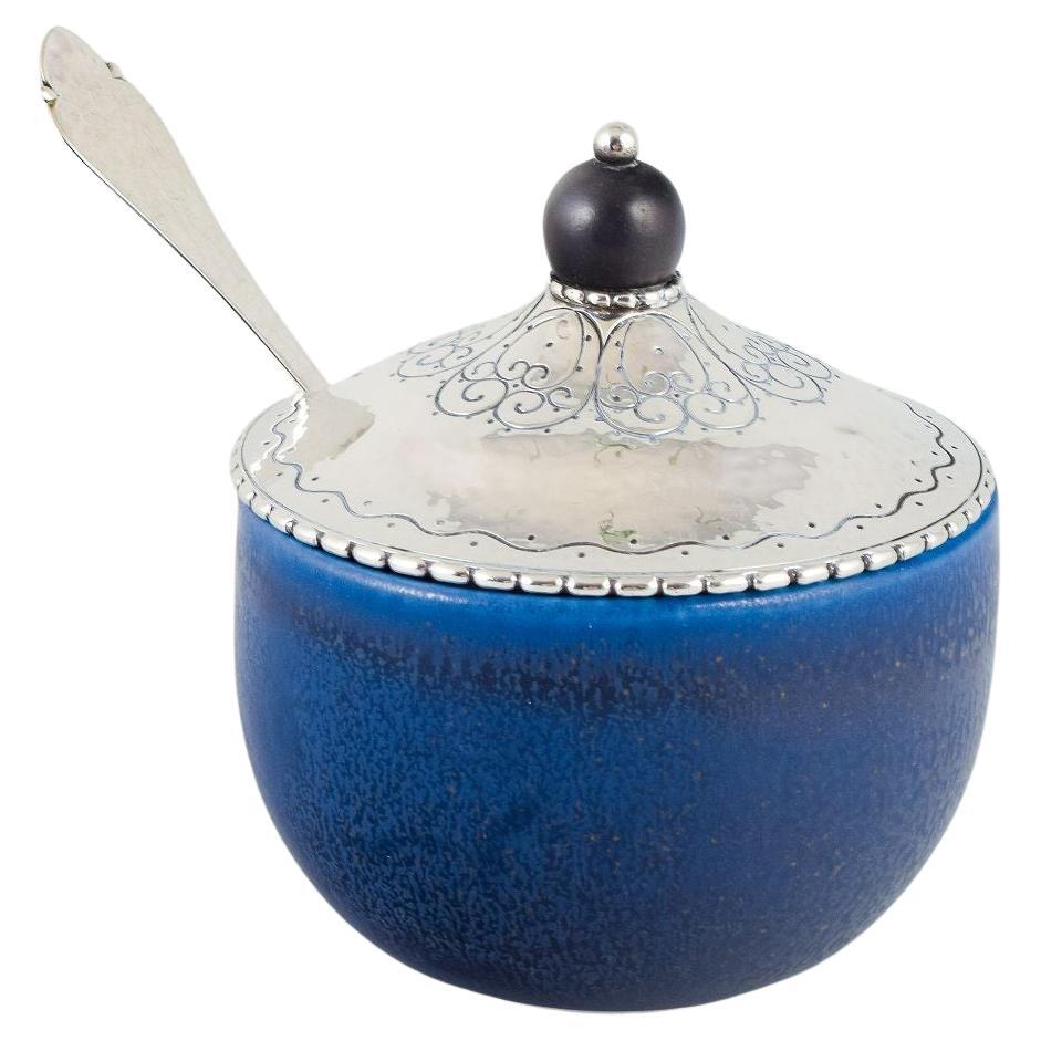 Wilhelm Kåge for Kåge Verkstad Gustavsberg. Jam jar with silver lid and spoon. For Sale