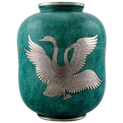 Vintage Wilhelm Kåge, Gustavsberg, Argenta Art Deco Ceramic Vase Decorated with Swans