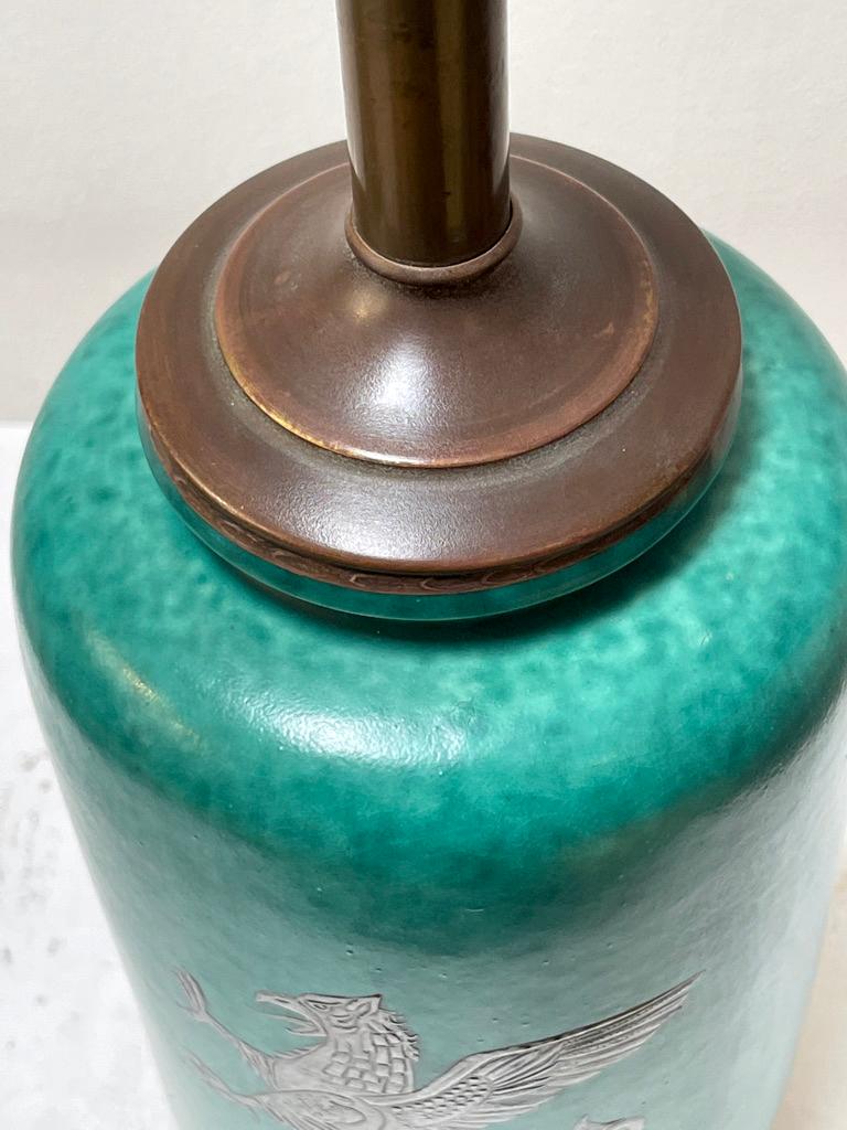 Scandinavian Modern Wilhelm Kåge Gustavsberg Argenta Green Stoneware Lamp