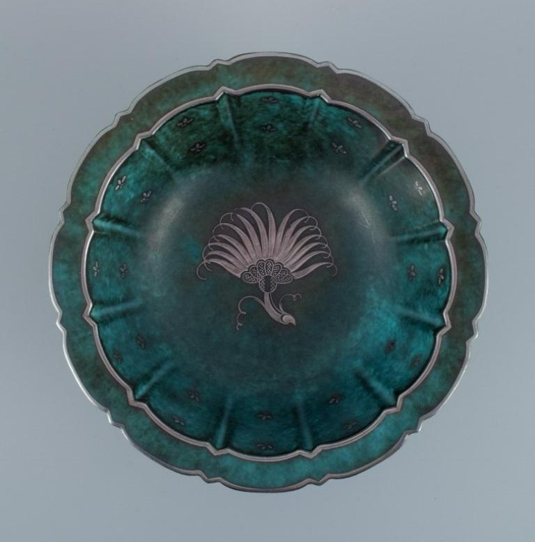 Glazed Wilhelm Kåge, Gustavsberg, Art Deco Argenta Bowl Decorated with Silver Inlay For Sale