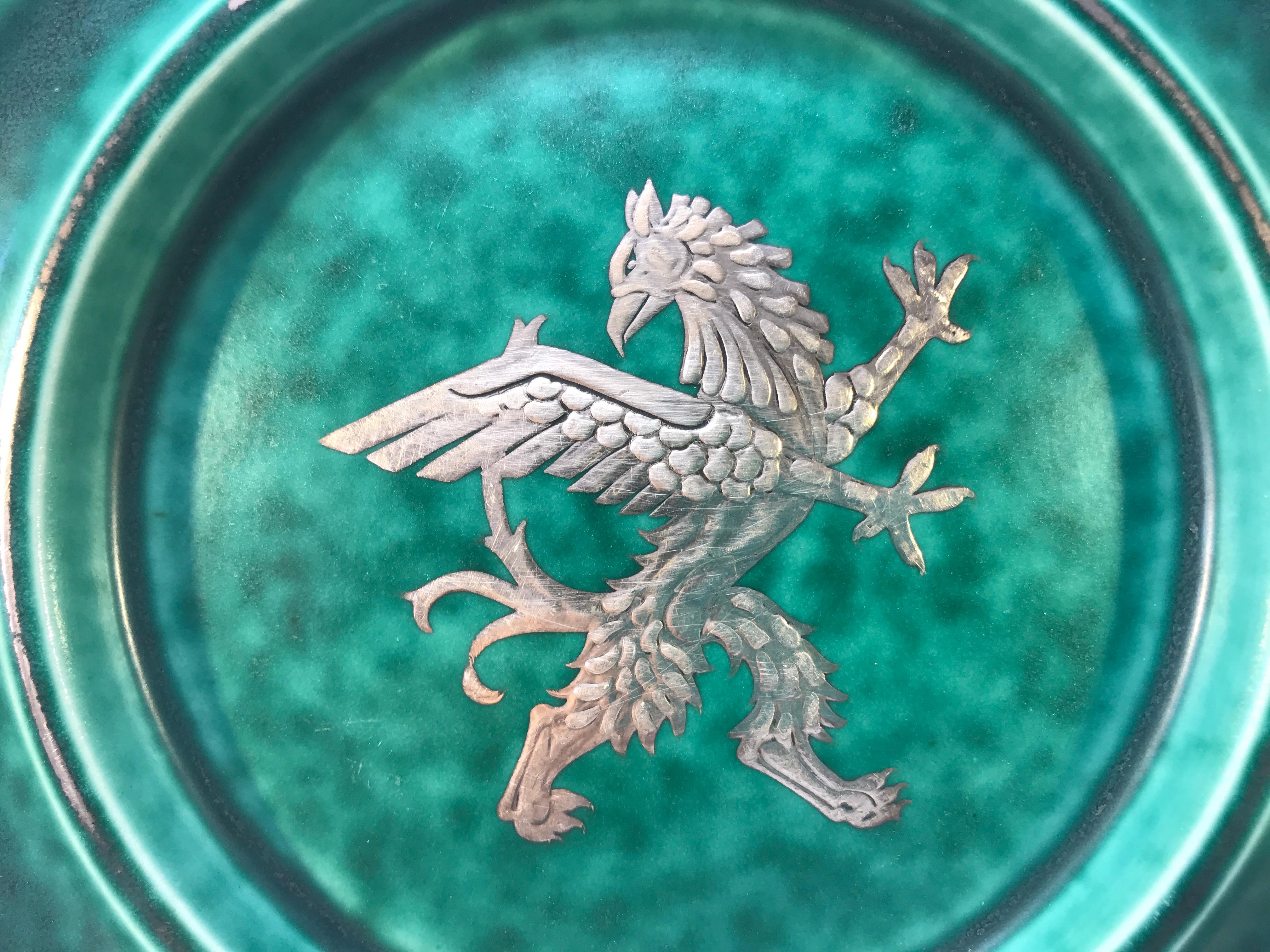 Glazed Wilhelm Kage, Gustavsberg, Griffon Argenta Applied Silver Raised 1930s Plate