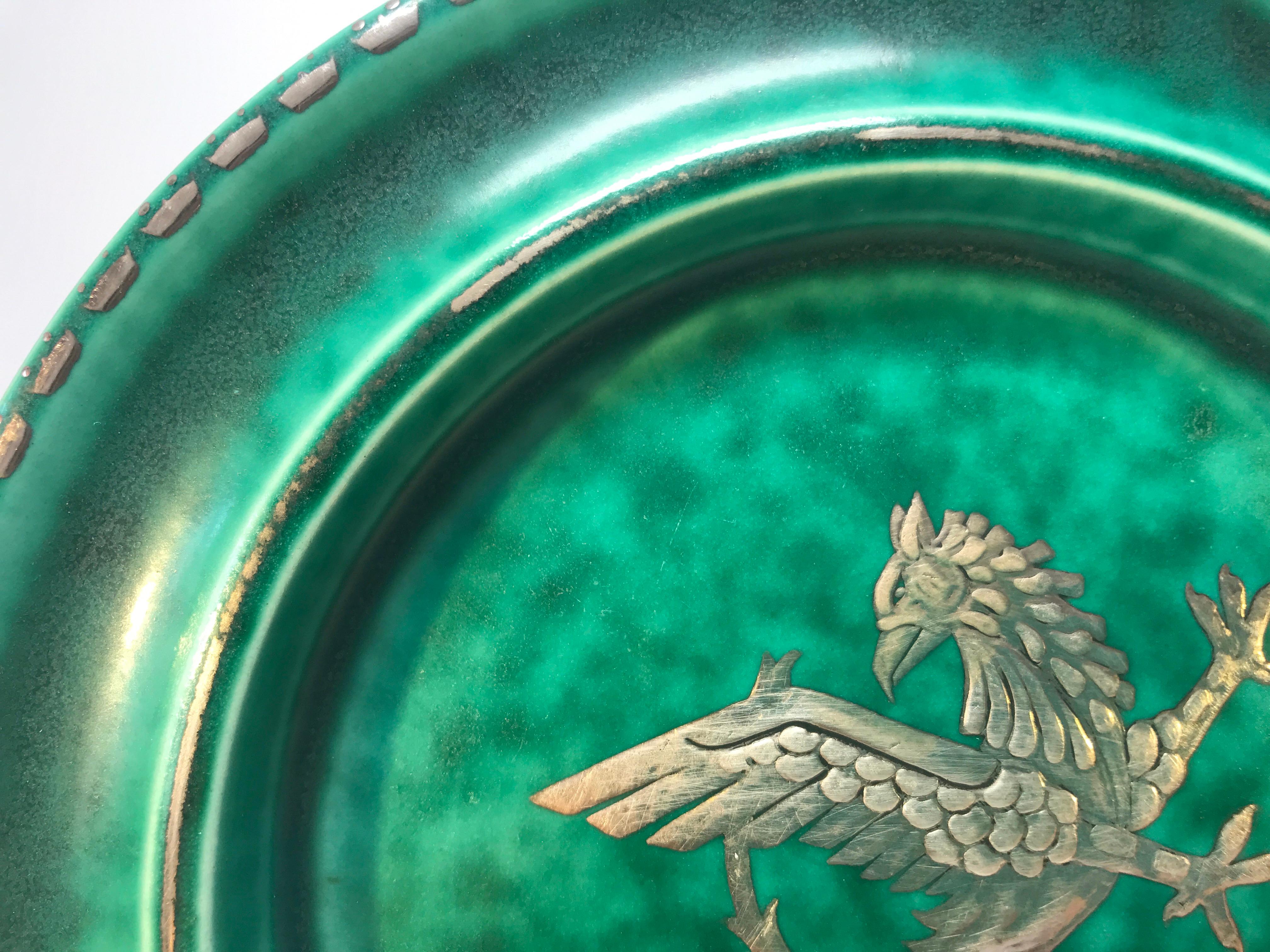 Wilhelm Kage, Gustavsberg, Griffon Argenta Applied Silver Raised 1930s Plate In Good Condition In Rothley, Leicestershire