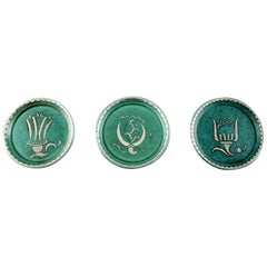 Wilhelm Kåge, Gustavsberg, Set of 3 Coasters Decorated with Silver Inlaid