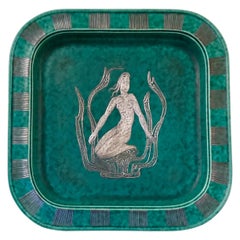 Wilhelm Kåge, Gustavsberg, Stoneware "Argenta" Dish with Silver Decor, 1950s