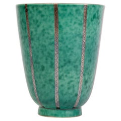 Wilhelm Kage Swedish Art Deco Gustavsberg Argenta Silver Inlay Ceramic Vase