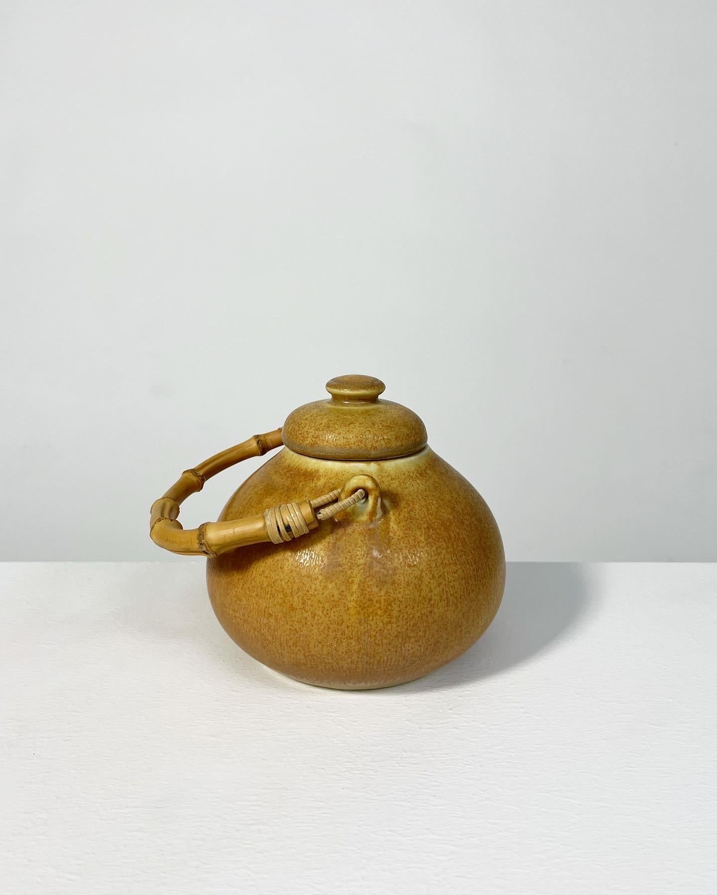 Swedish Wilhelm Kage Teapot KAPA Gustavsberg Bamboo Handle 1950s For Sale