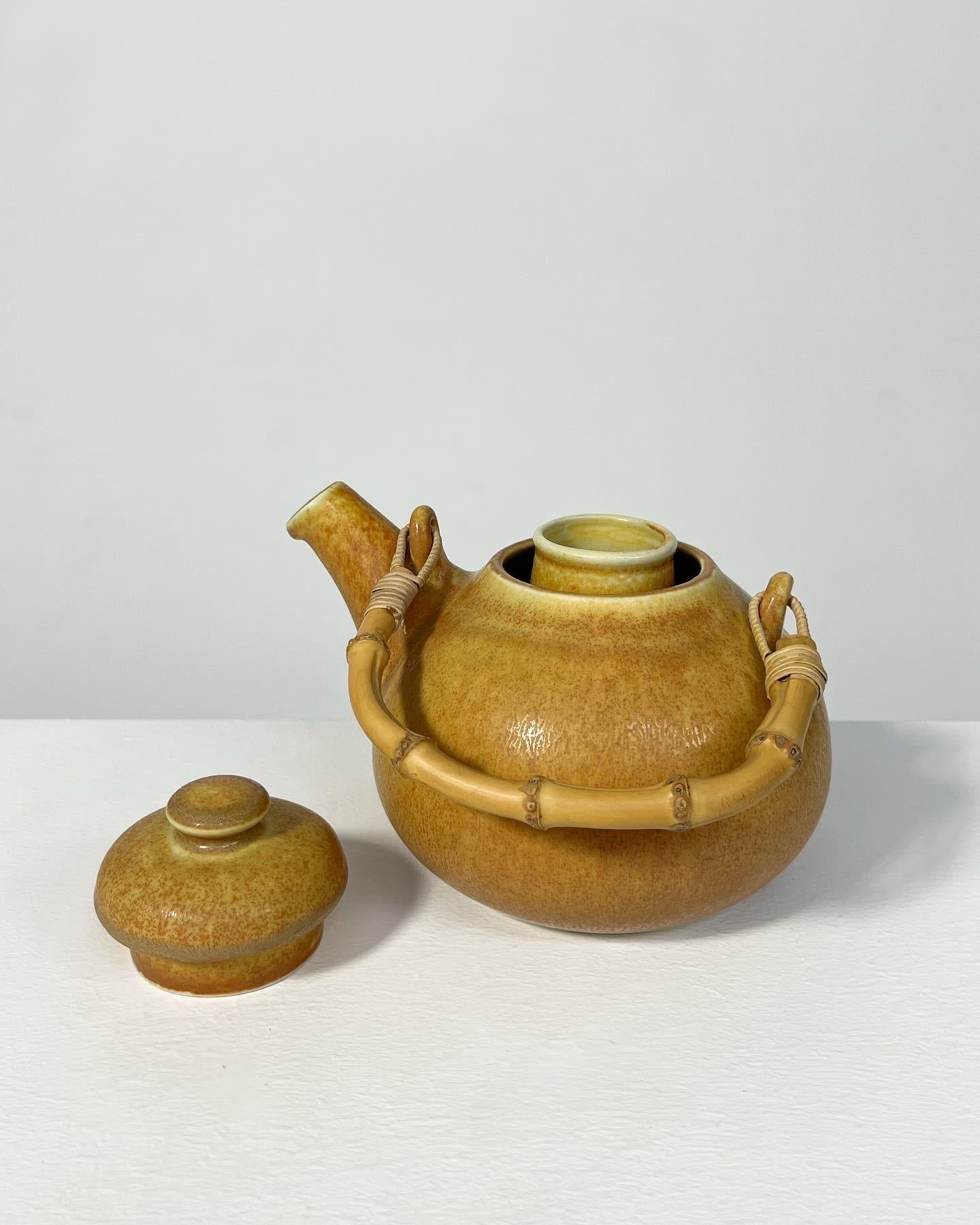 Hand-Crafted Wilhelm Kage Teapot KAPA Gustavsberg Bamboo Handle 1950s For Sale