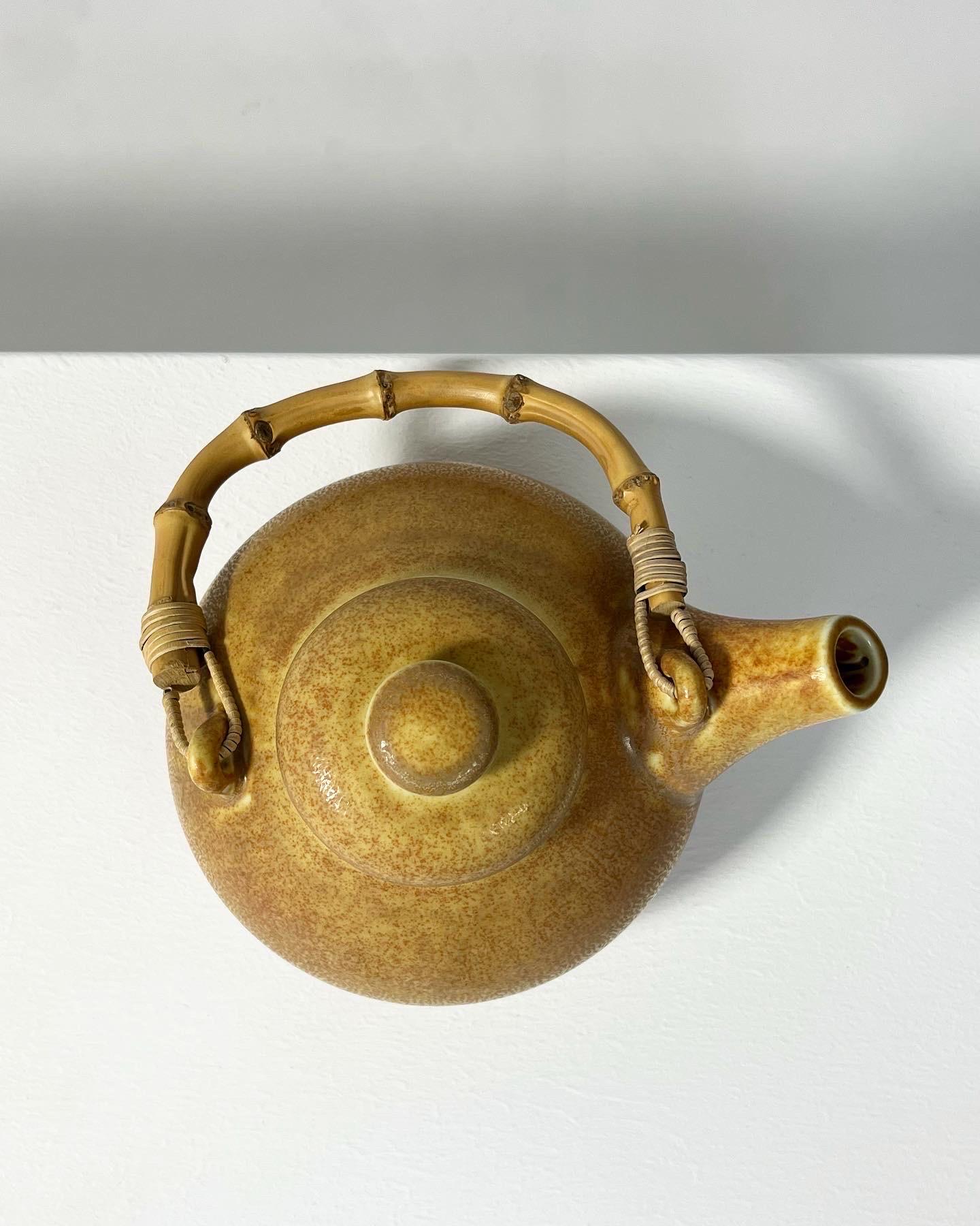 Stoneware Wilhelm Kage Teapot KAPA Gustavsberg Bamboo Handle 1950s