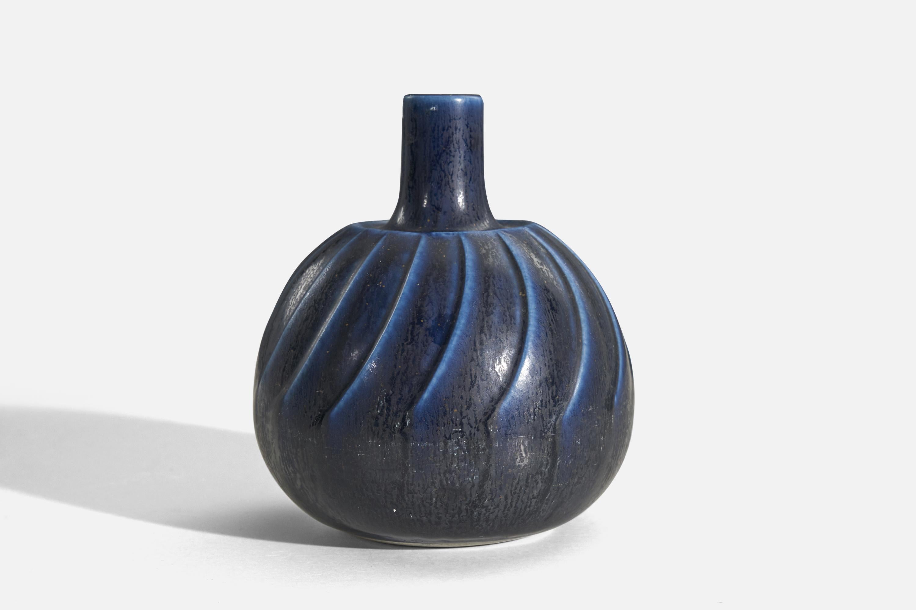 Swedish Wilhelm Kåge, Vase, Blue-Glazed Stoneware, Gustavsberg, Sweden, 1960s For Sale
