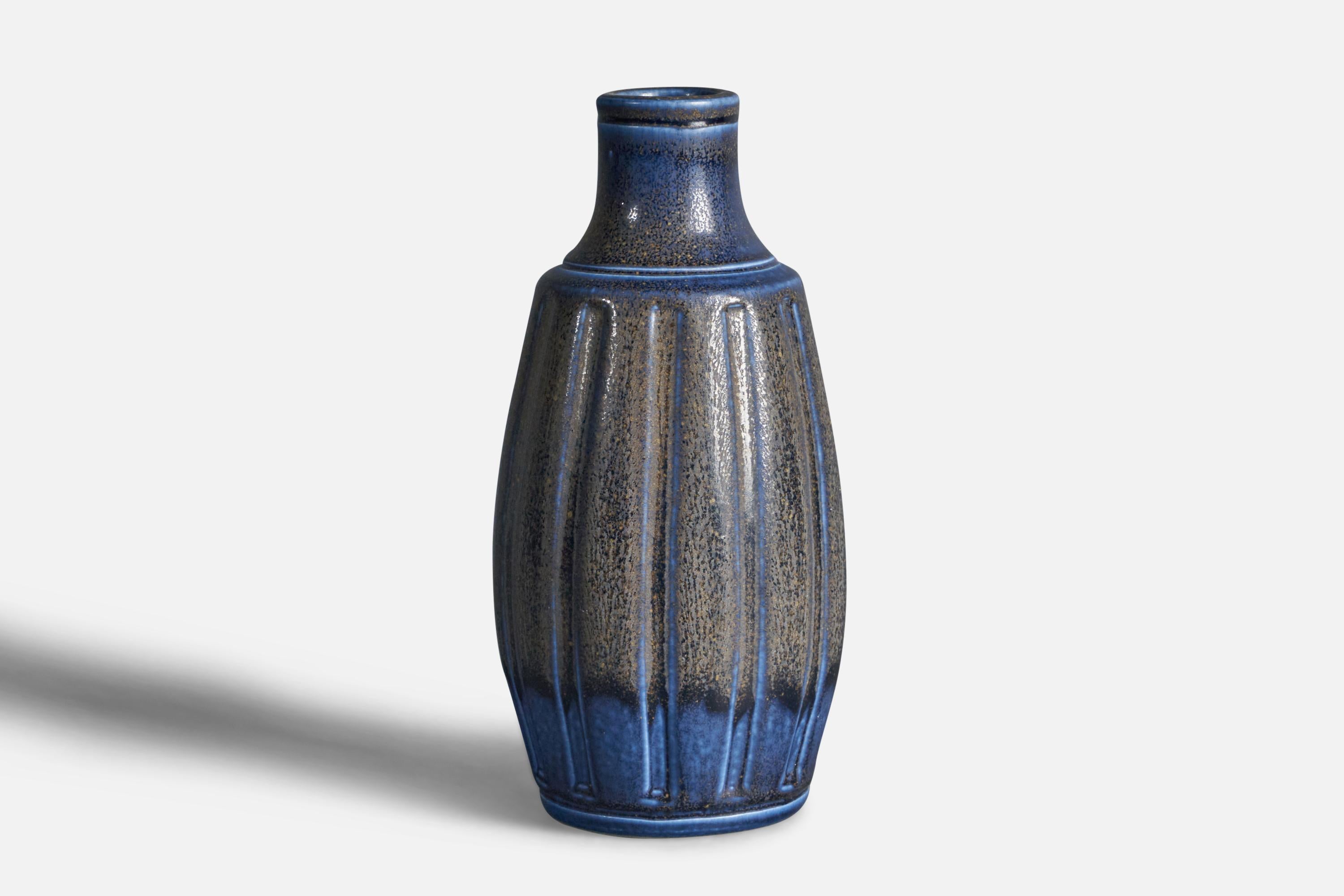 A blue-glazed stoneware vase designed by Wilhelm Kåge and produced by Gustavsberg, Sweden, 1960s.