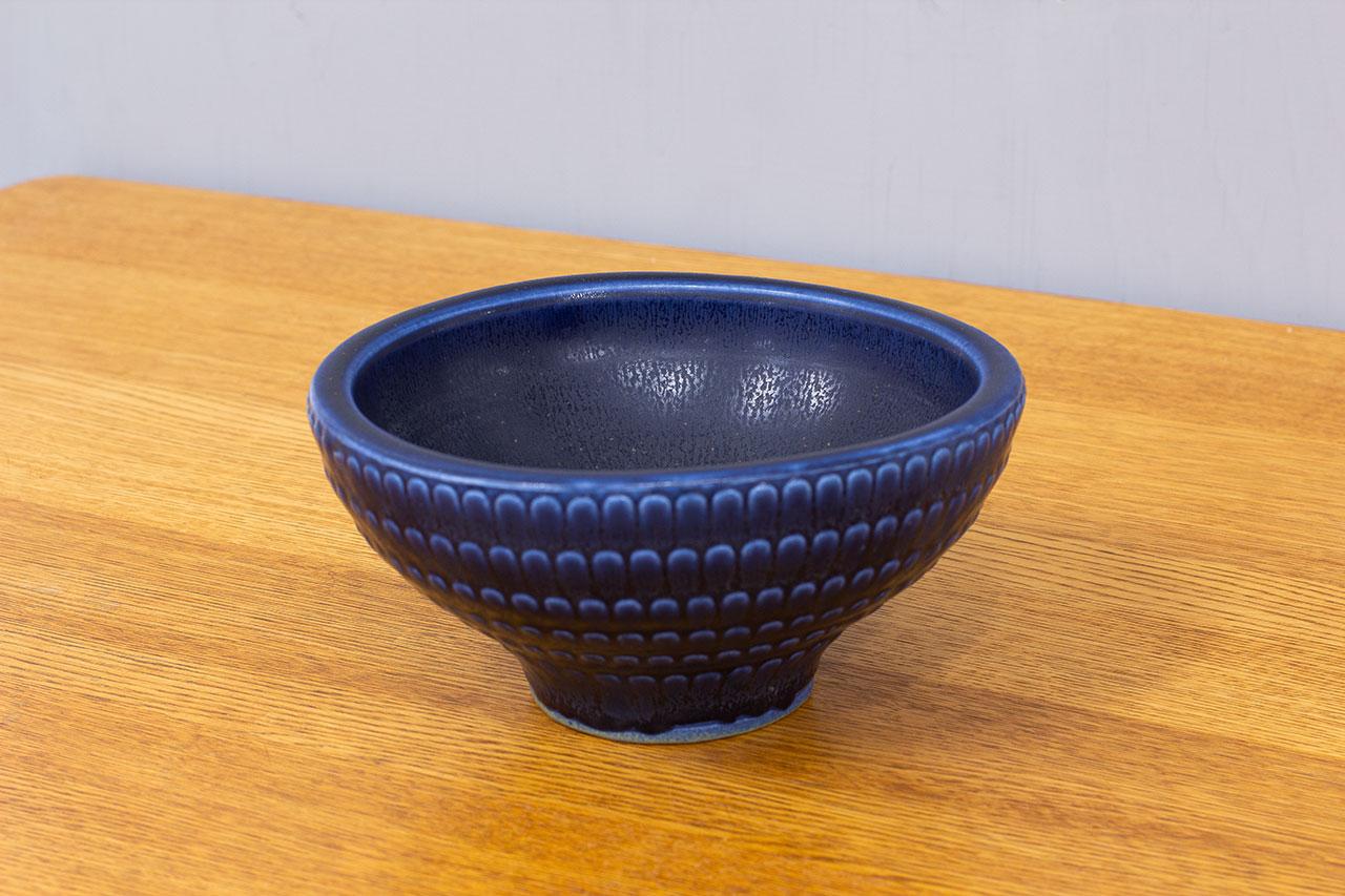 Scandinavian Modern Wilhelm Kåge Verkstad Dark Blue Hare Fur Glazed Stoneware Bowl, Sweden, 1950s