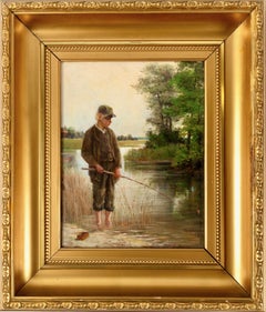 Summer Landscape with Lake, Boy Fishing, Signed Oil on Panel, 1884