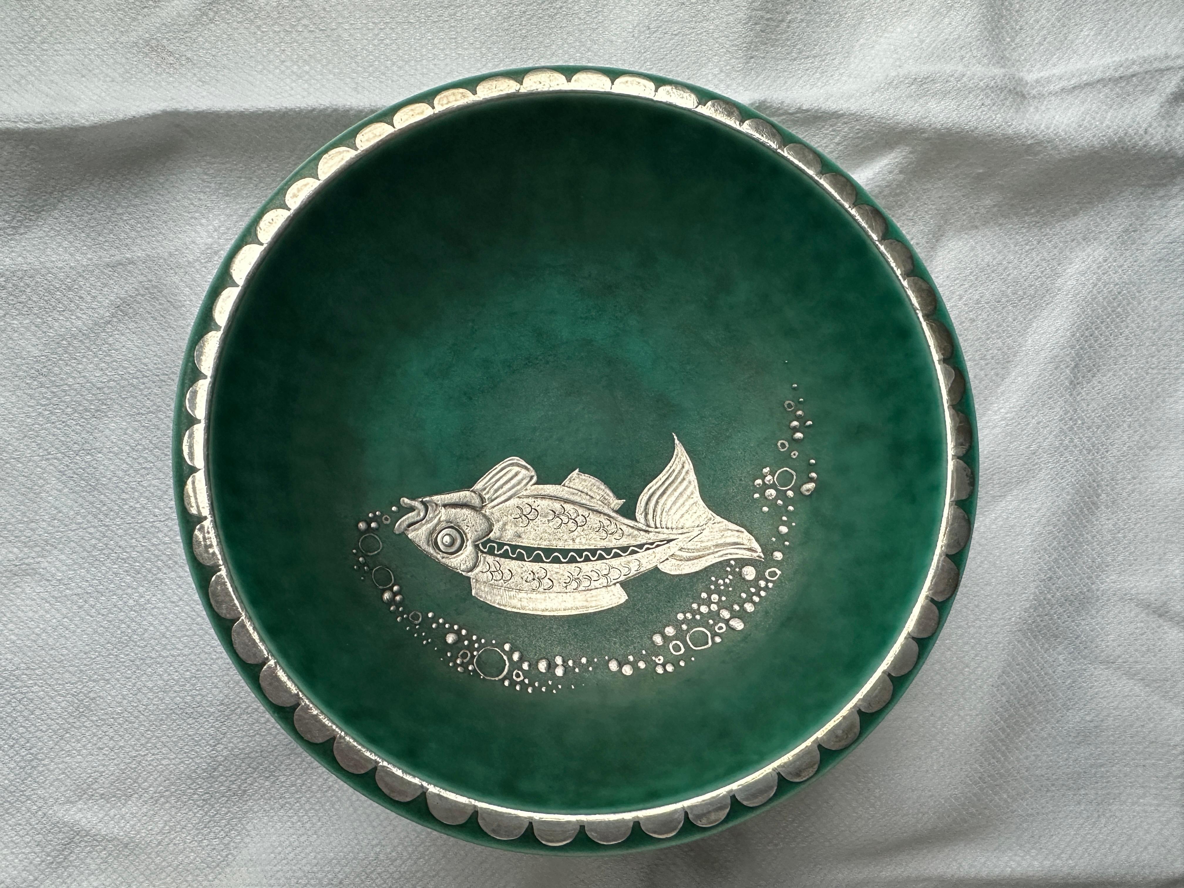 Swedish Wilhelm Kage Bowl in Ceramic with Silver Fish Inlay for Gustavsberg Argenta