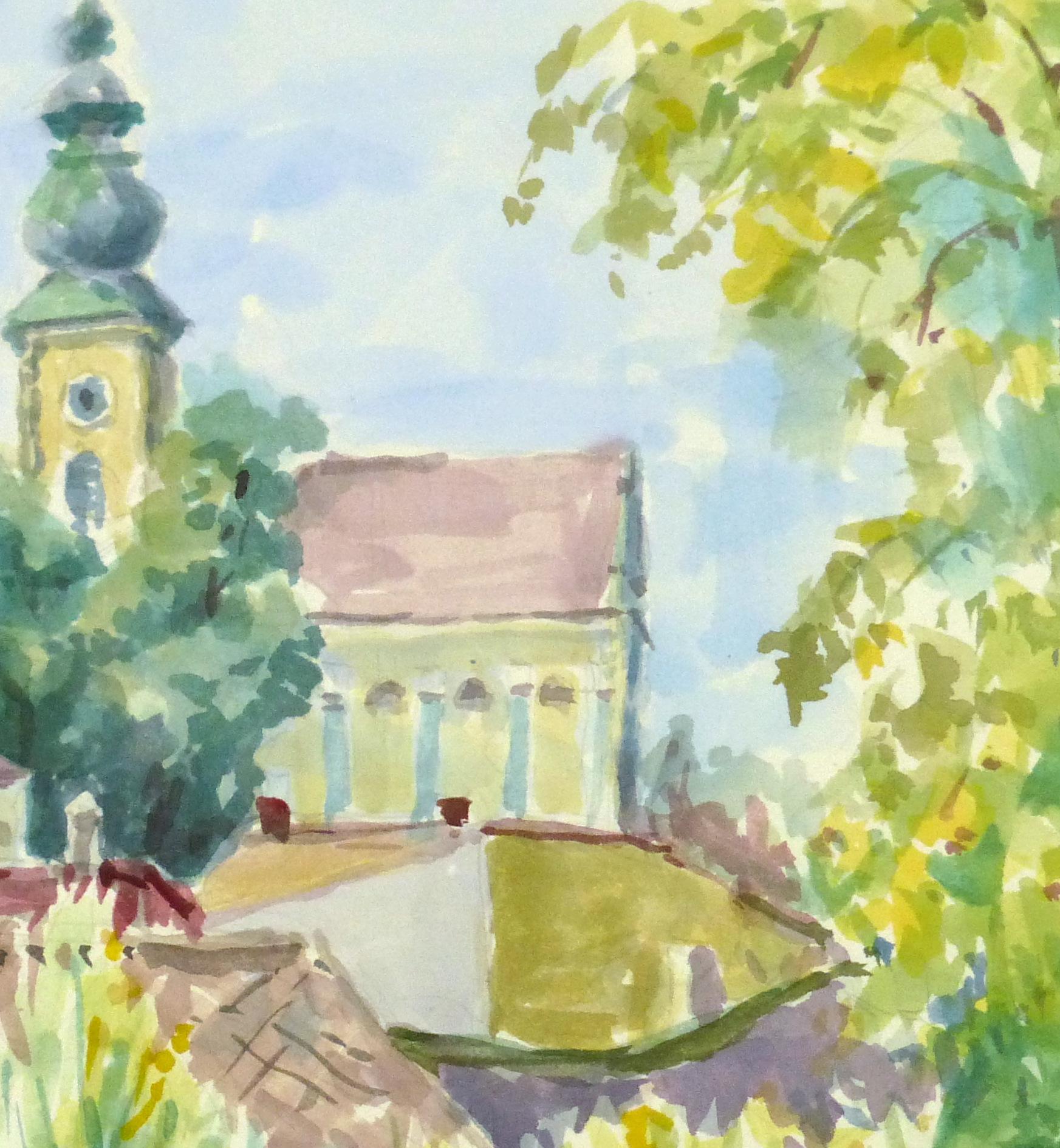 French Watercolor Landscape - Village Center - Painting by Wilhelm Kloden