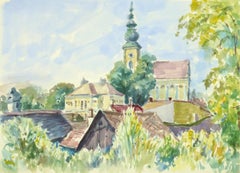 Französische französische Aquarell-Landschaft – Dorfzentrum