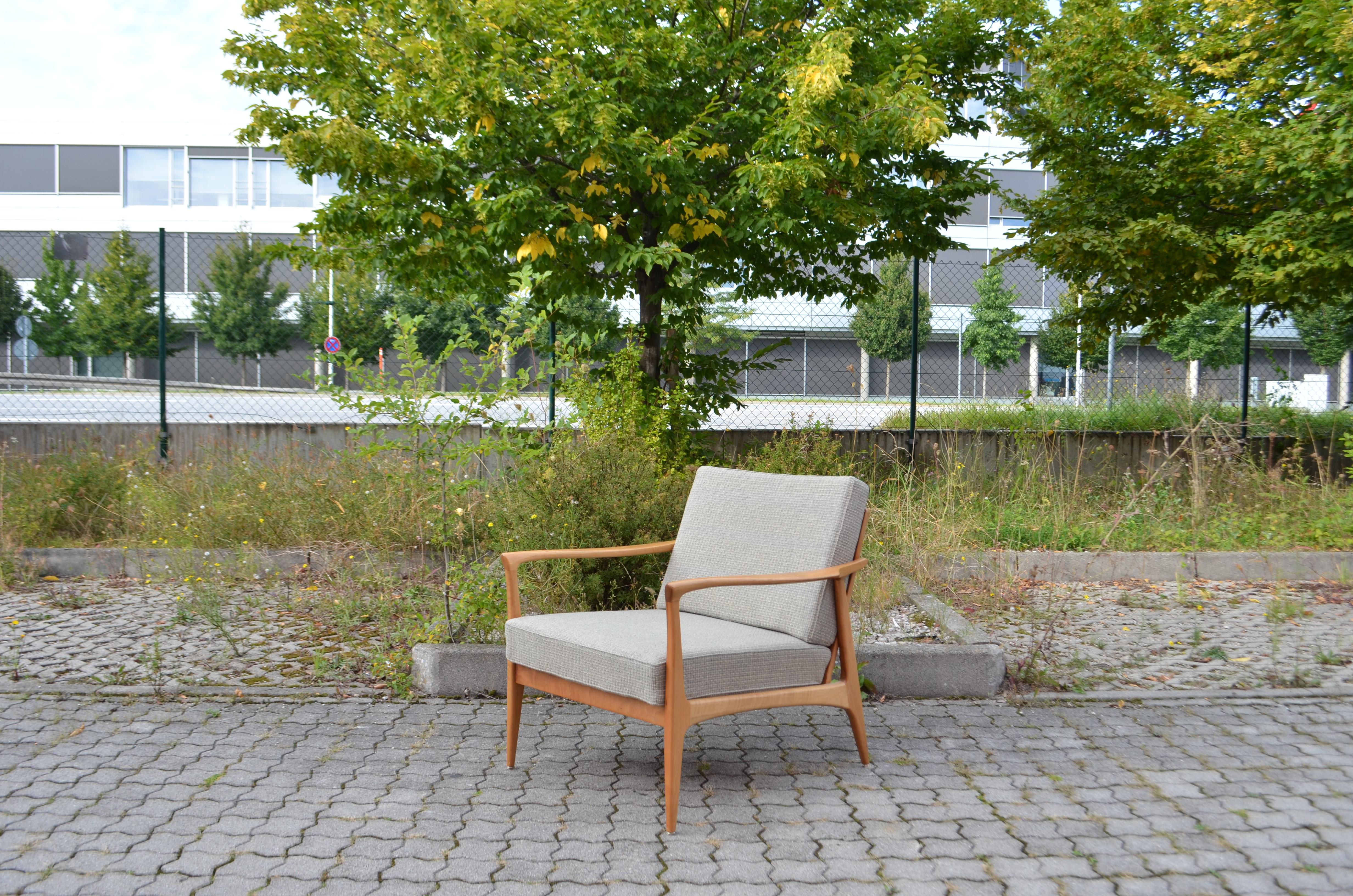 Wilhelm Knoll Antimott Walnut Mid Century Armchair Grey Wool For Sale 2