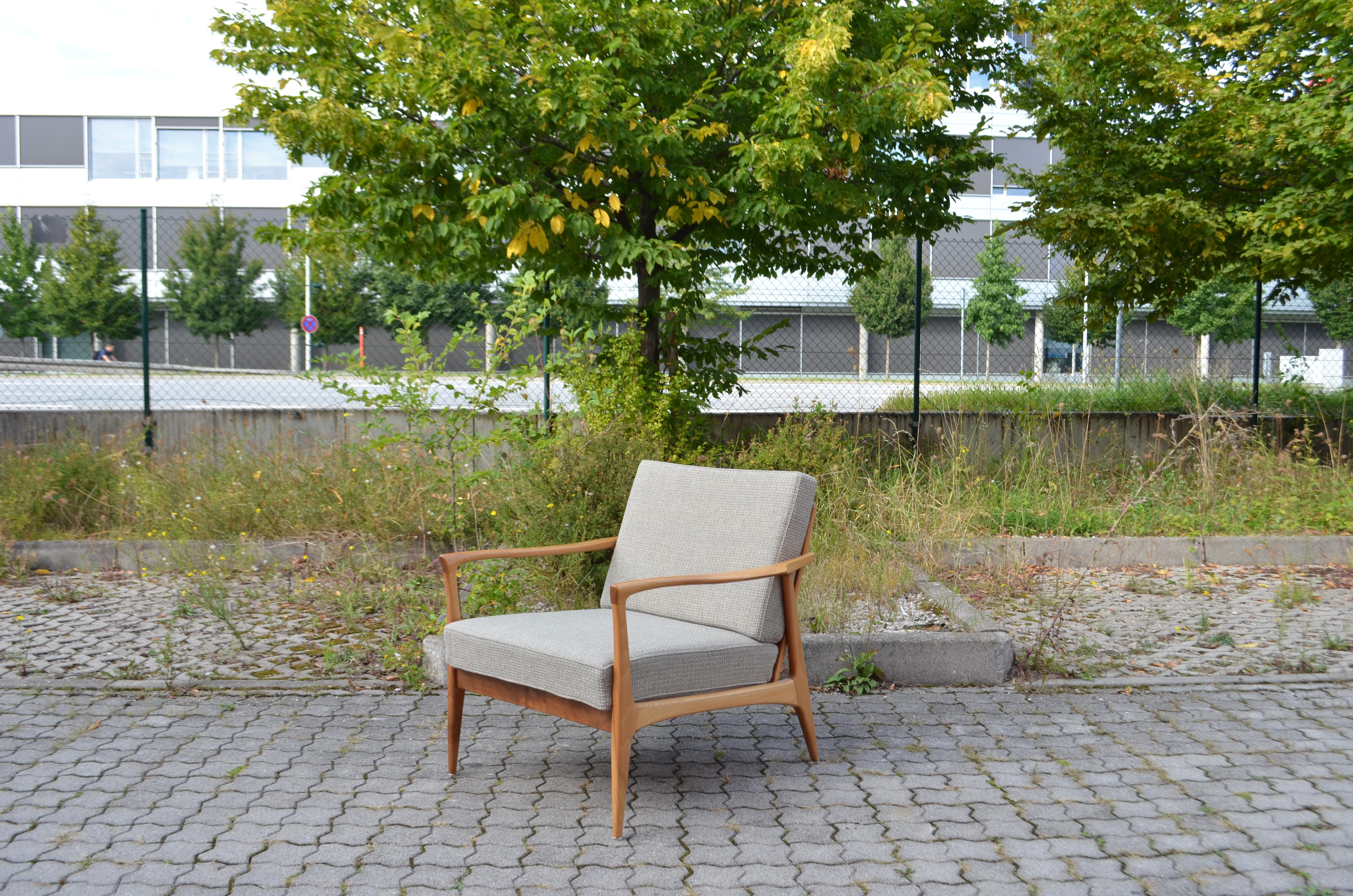 Wilhelm Knoll Antimott Walnut Mid Century Armchair Grey Wool For Sale 3