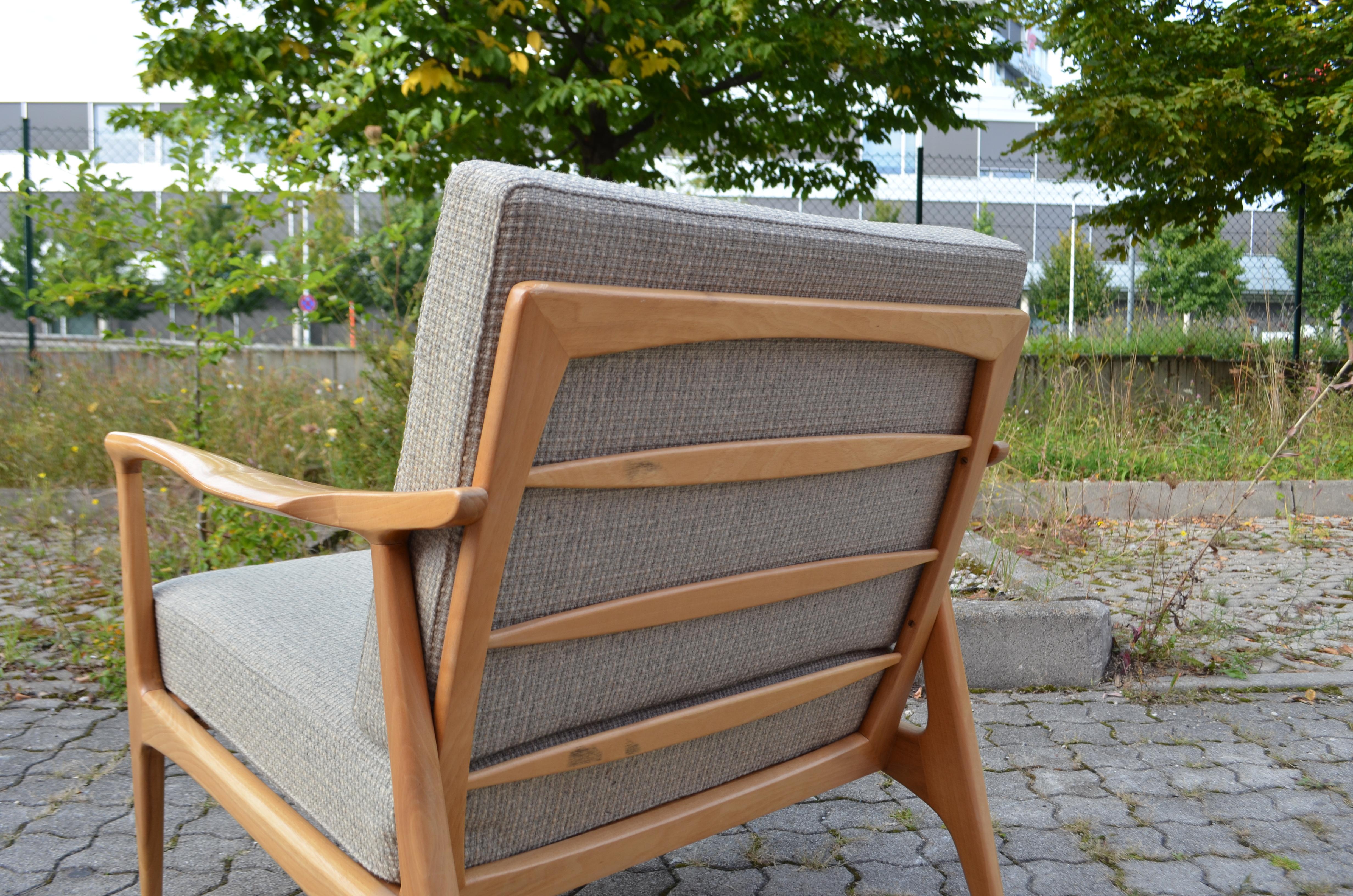 Wilhelm Knoll Antimott Walnut Mid Century Armchair Grey Wool For Sale 4