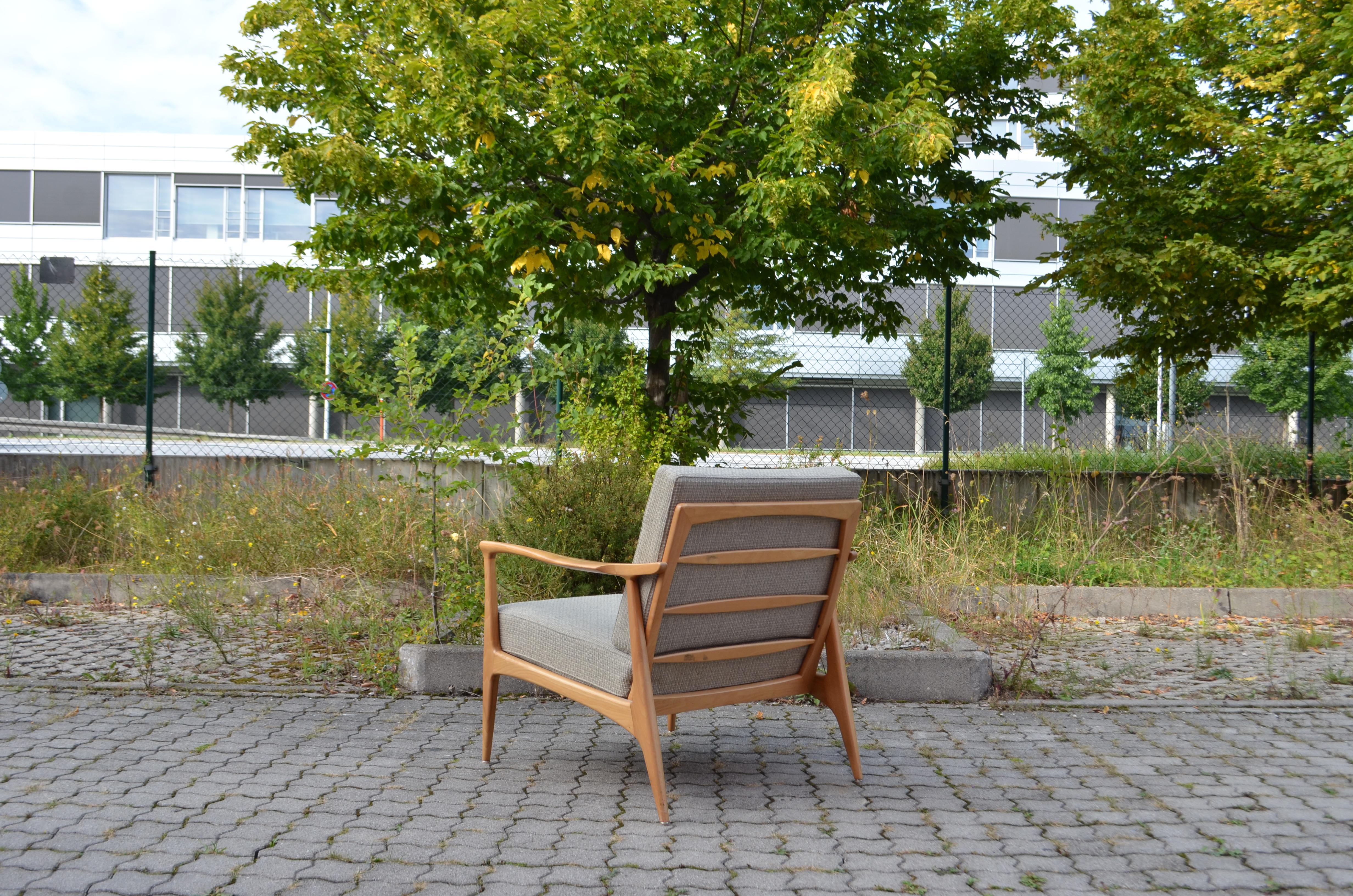 Wilhelm Knoll Antimott Walnut Mid Century Armchair Grey Wool For Sale 5