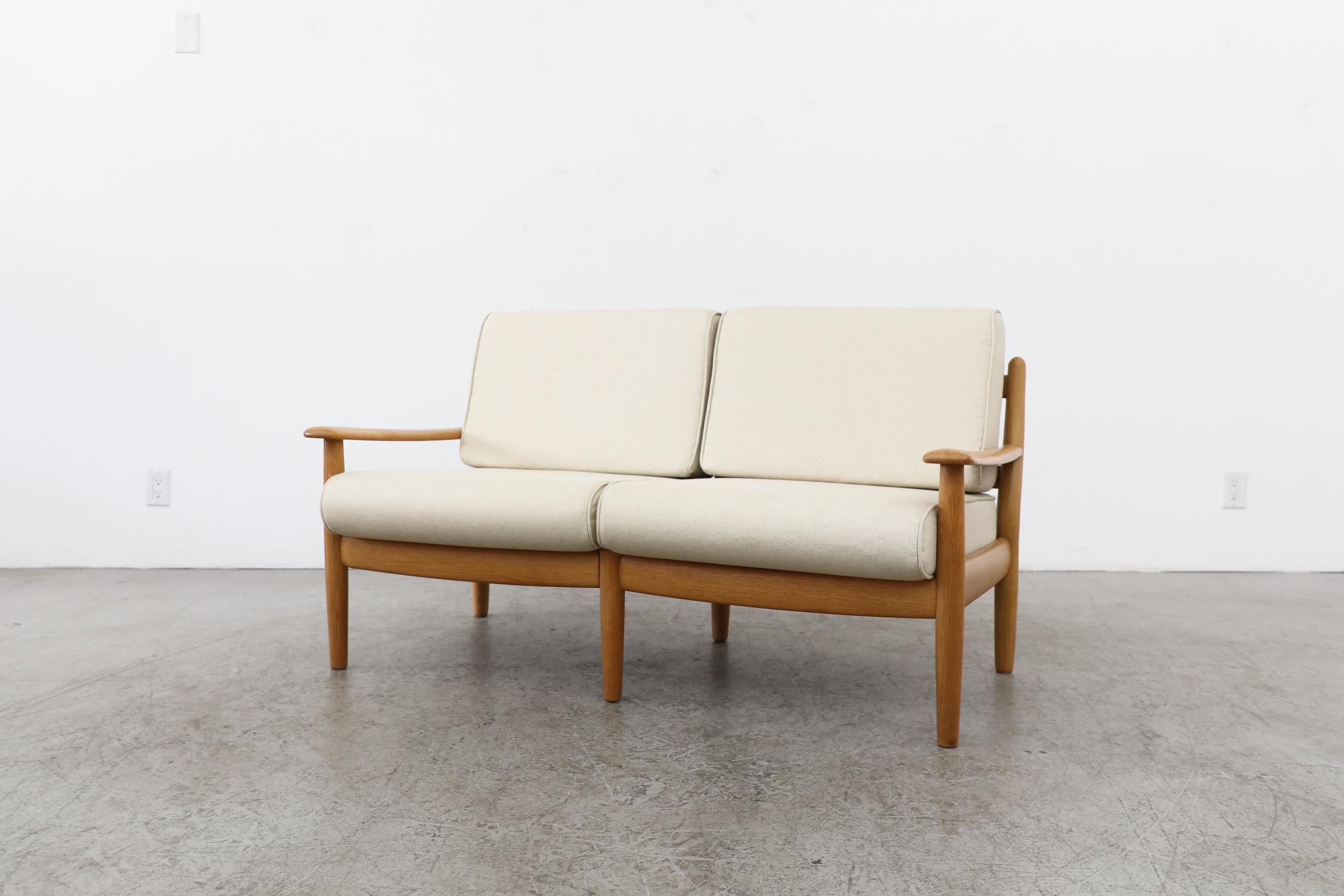 Upholstery Wilhelm Knoll Oak Loveseat with Rounded Edges & Cream Cushions, Germany, 1960's For Sale