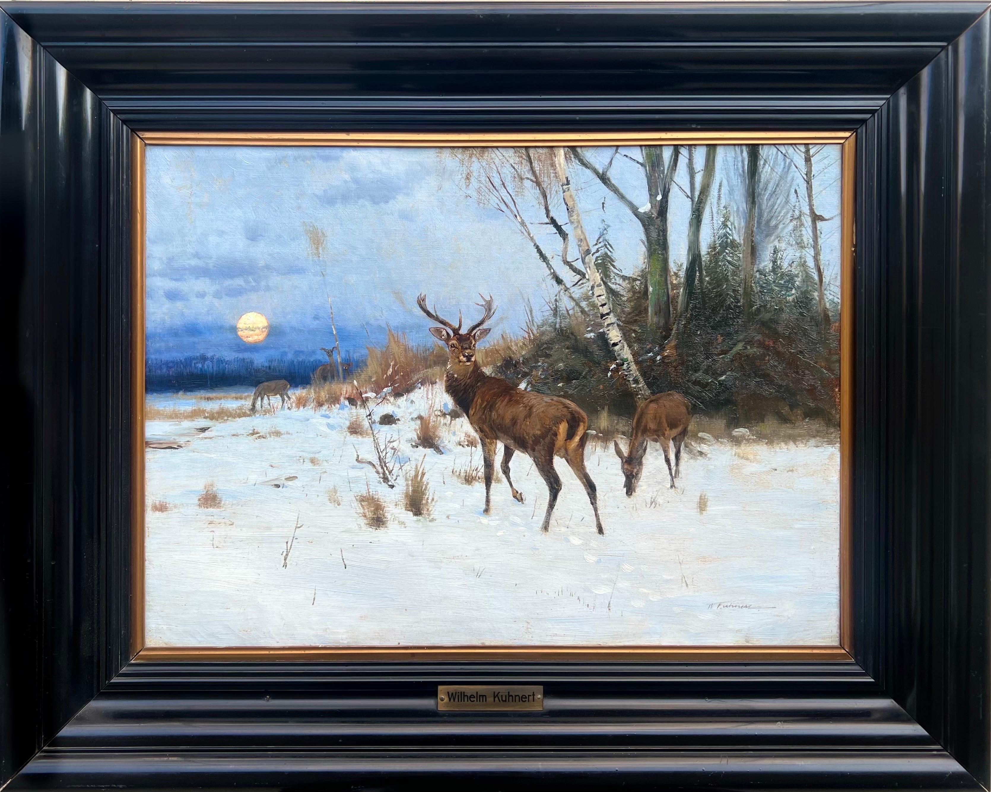 Gemälde der Hirschfamilie in einer Waldlandschaft aus dem 19. Jahrhundert – Romantische Hirschgeweihe – Painting von Wilhelm Kuhnert